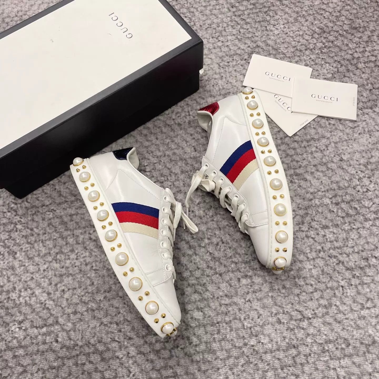 Gucci Gucci ACE Pearl-Embellished White Sneakers 35W Size US 4.5 / IT 34.5 - 3 Thumbnail