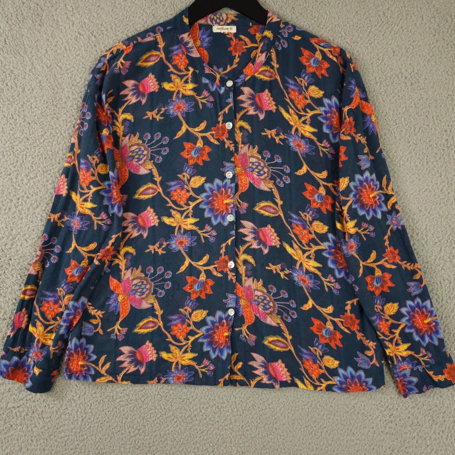 Vintage Natura Shirt Womens Medium Blue Orange Floral Button-Up Semi Sheer Textured Top Size M / US 6-8 / IT 42-44 - 2 Thumbnail