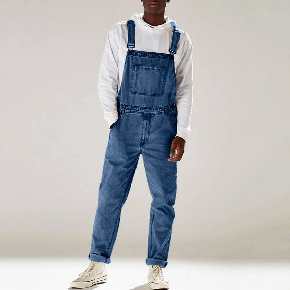 image of Distressed Denim Multi-Pocket Denim Bib Overalls Casual Daily Denim Jumpsuit in Blue (Size 34)