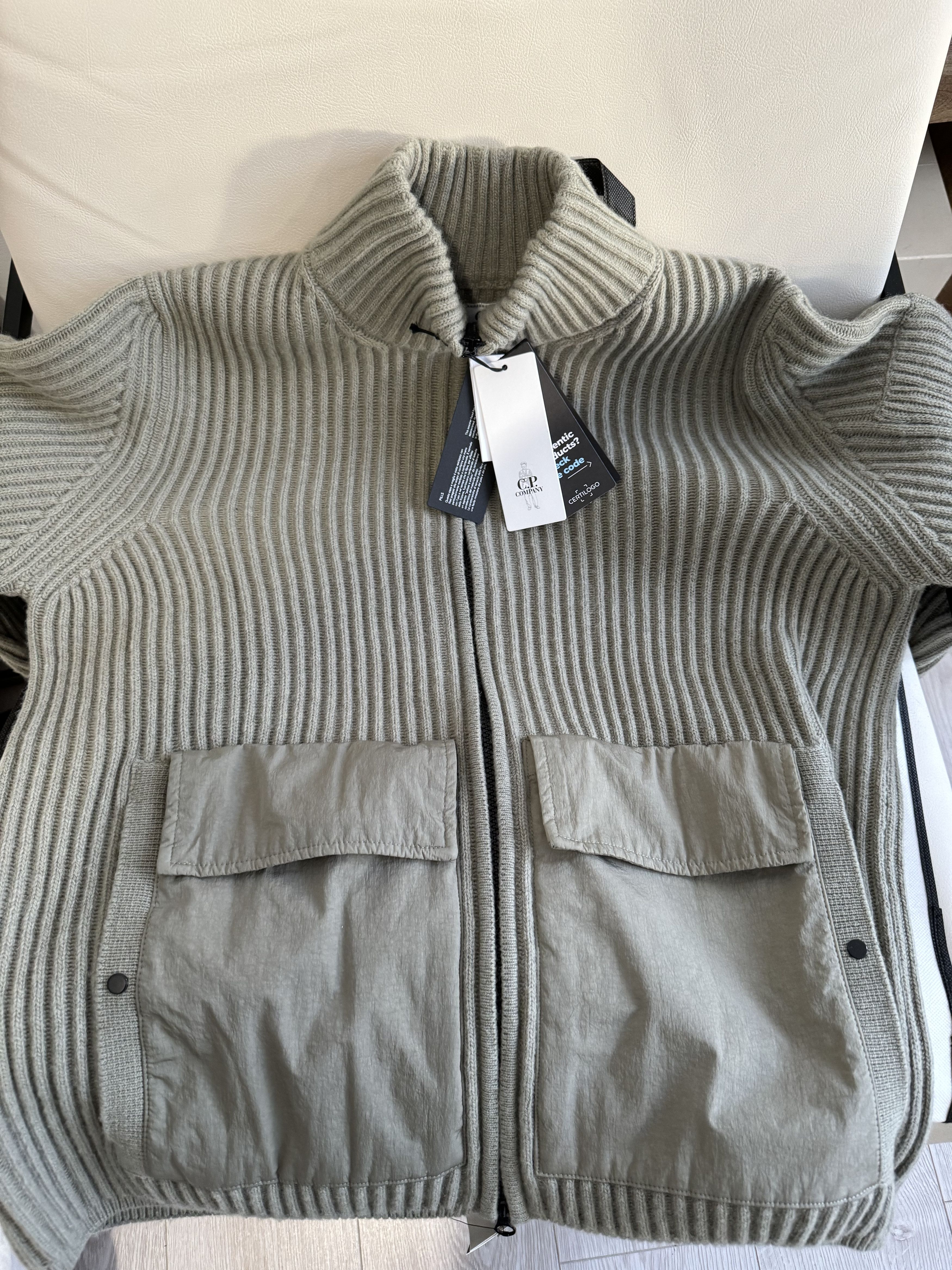 image of C P Company Logo Appliquéd Wool Blend Zip-Up Cardigan in Green, Men's (Size Large)
