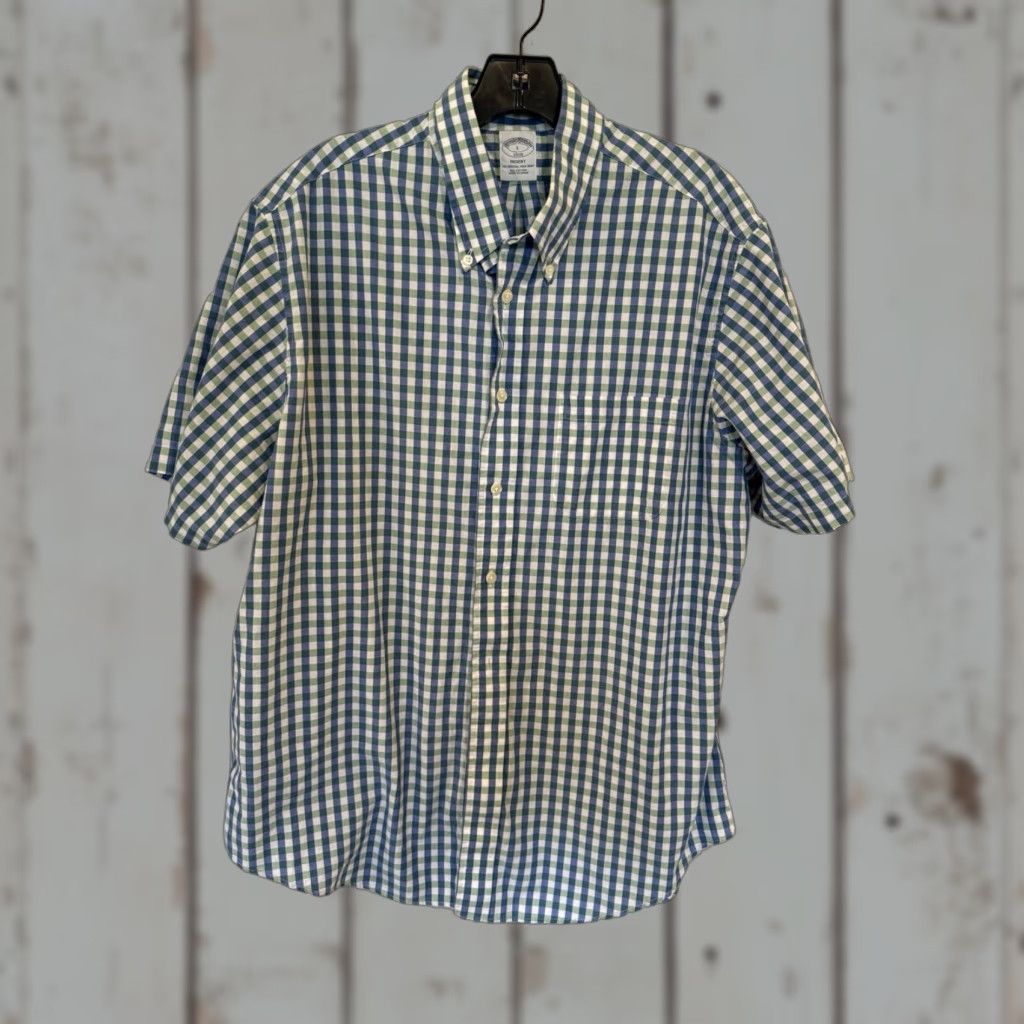 Brooks Brothers Brooks Brothers Shirt Button-Up Short Sleeve Regent Blue Green Gingham Plaid L Multicolor Cotton Mens Size US L / EU 52-54 / 3 - 1 Thumbnail