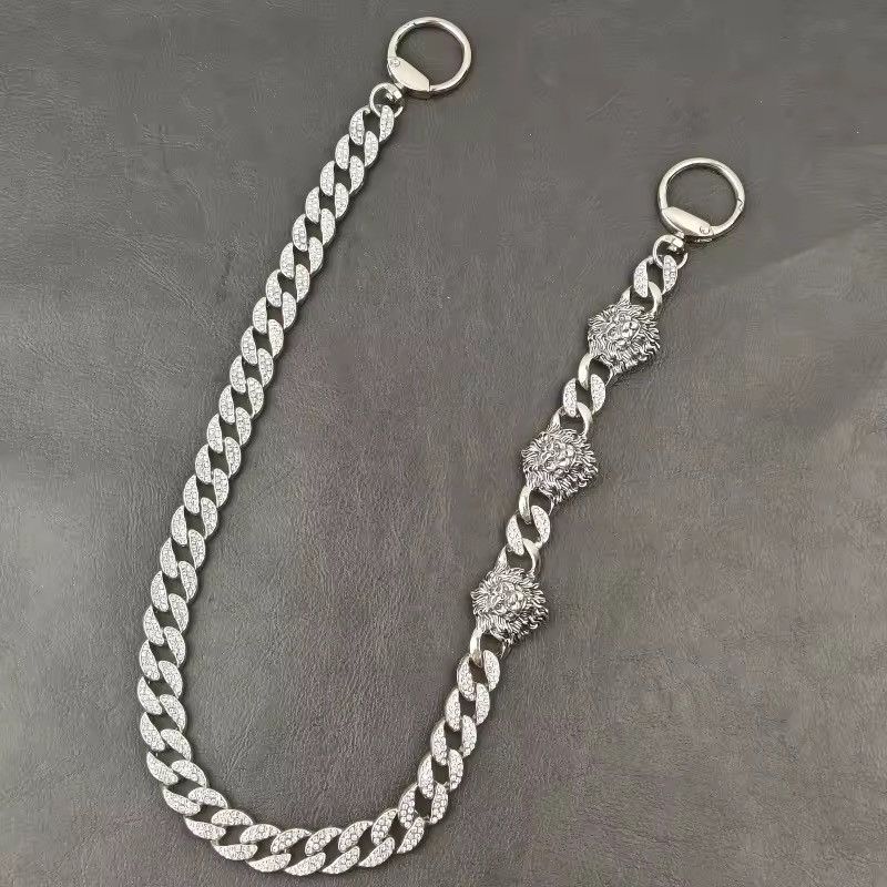 Jewelry Silver Lion Head Rhinestone Cuban Pants Chain Size ONE SIZE - 5 Thumbnail