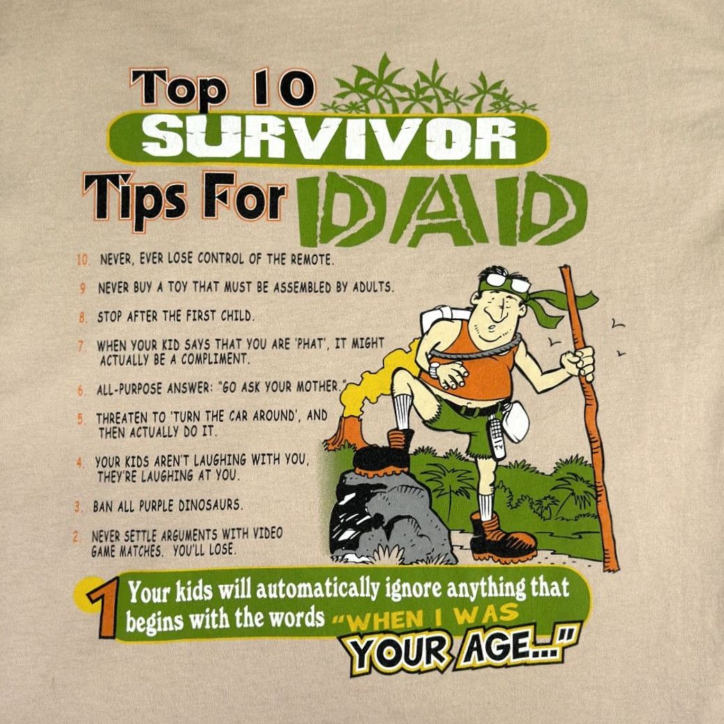 AAA VINTAGE Survivor Dad Shirt Adult LARGE Brown Top Ten Tips TV Show Parody 90s Shirt Mens Regular Brown 21x28 Cotton Short Sleeve Crew Neck AAA Size US L / EU 52-54 / 3 - 2 Thumbnail