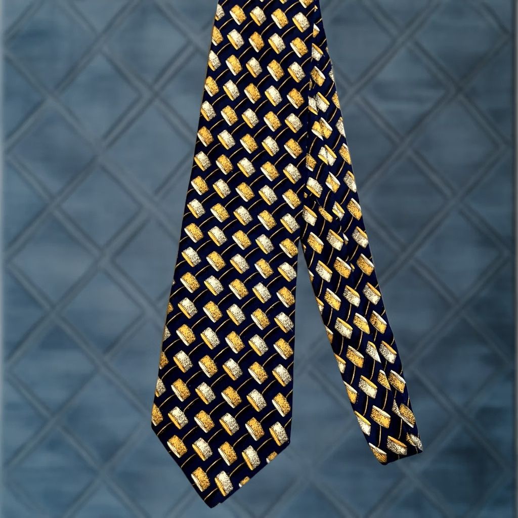 Valentino VINTAGE Valentino Cravatte Collection Tie Navy White Yellow Pattern Men Blue Geometric Tie Size ONE SIZE - 1 Thumbnail