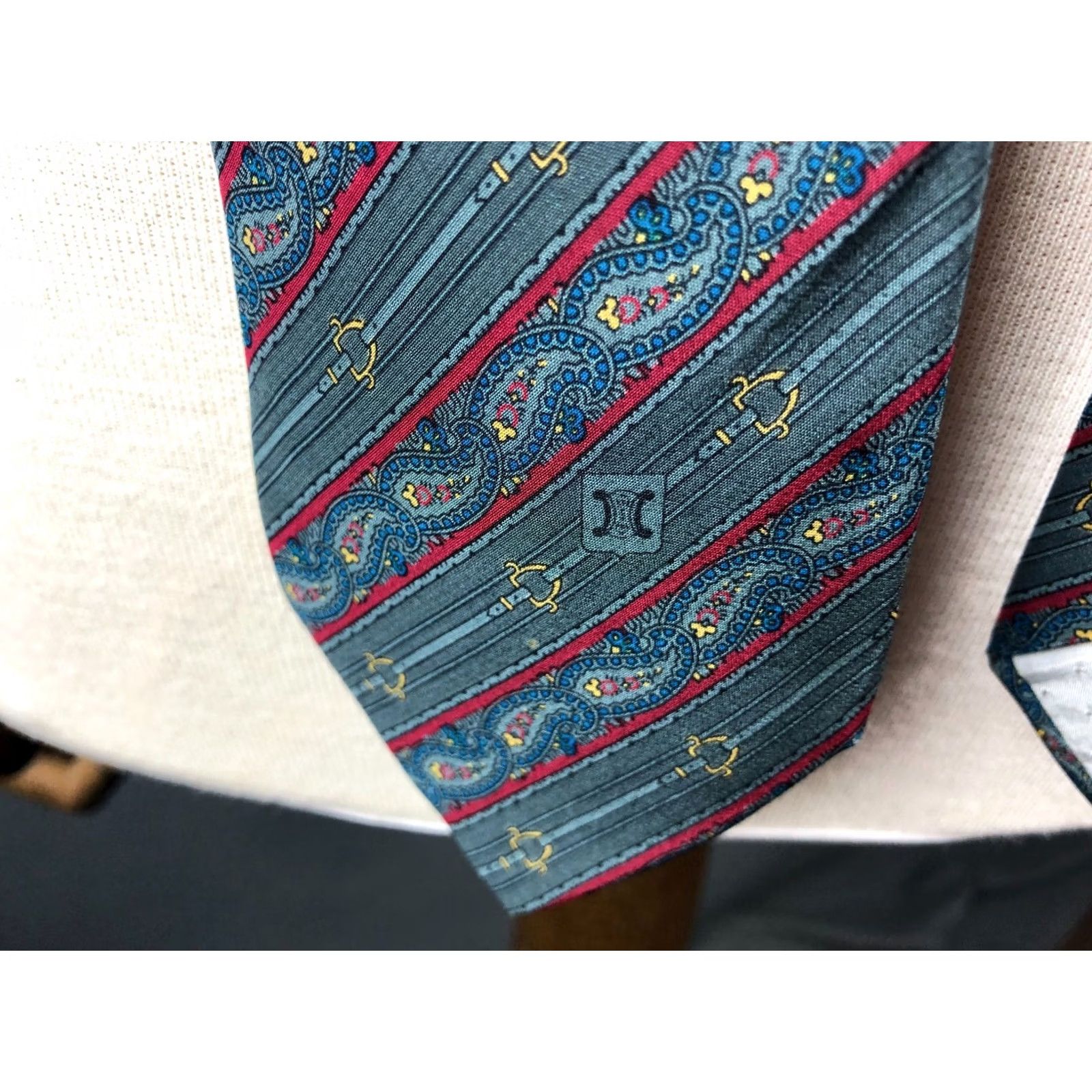 Celine CELINE Paris Designer Tie Men's Silk Gray Striped Classic Logo Size ONE SIZE - 4 Thumbnail