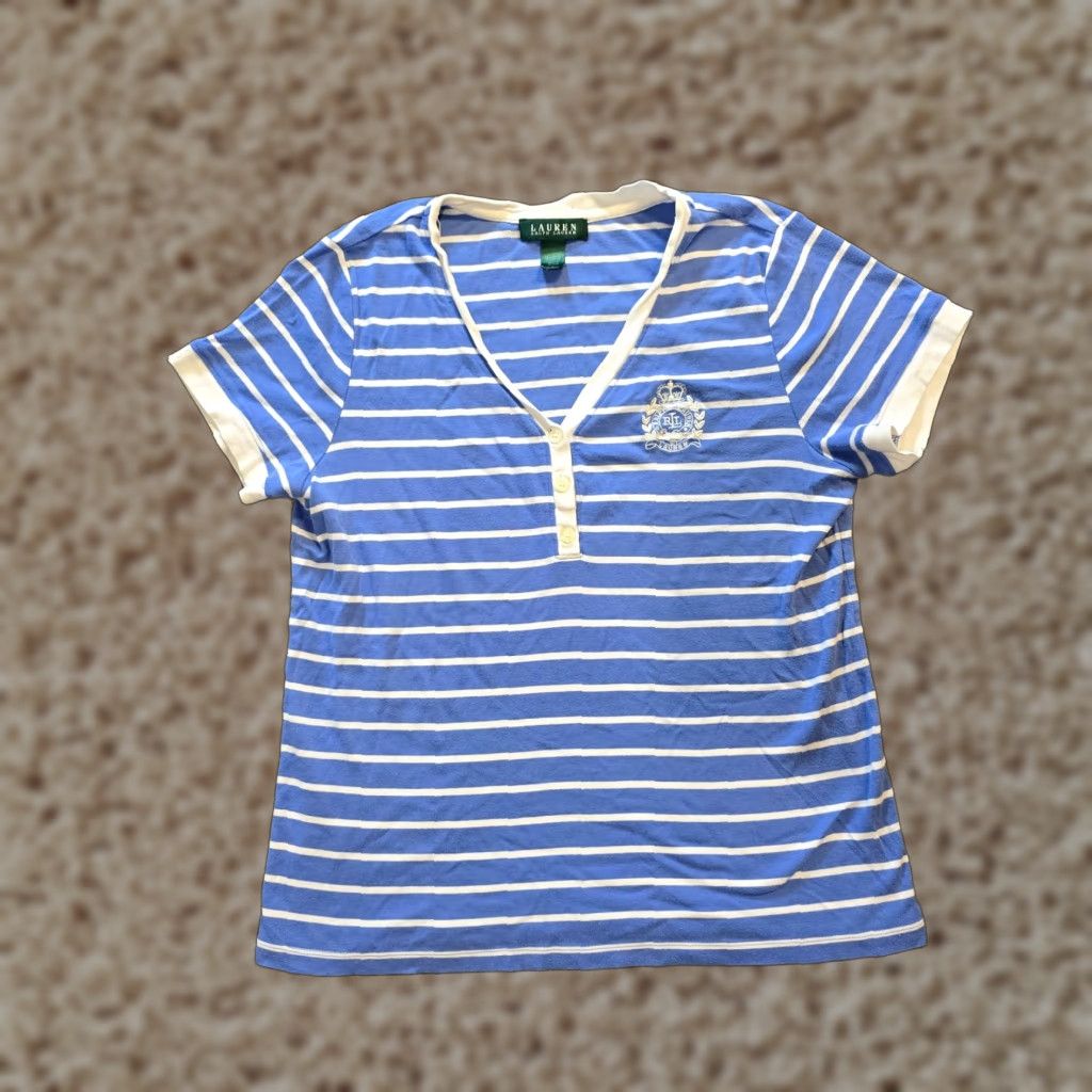 Ralph Lauren Lauren Ralph Lauren Top Womens Size L Blue Striped Henley Embroidery Preppy T-Shirt Shirt Short Sleeve Casual Knit Cotton Basic Regular Womens Size L / US 10 / IT 46 - 1 Thumbnail