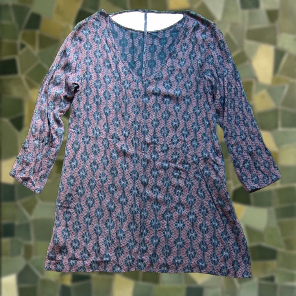 Vintage ROXY Dress Geometric Pocket Long Sleeve Tunic Shift L Pink 100% Rayon Women Regular Size L / US 10 / IT 46 - 1 Thumbnail