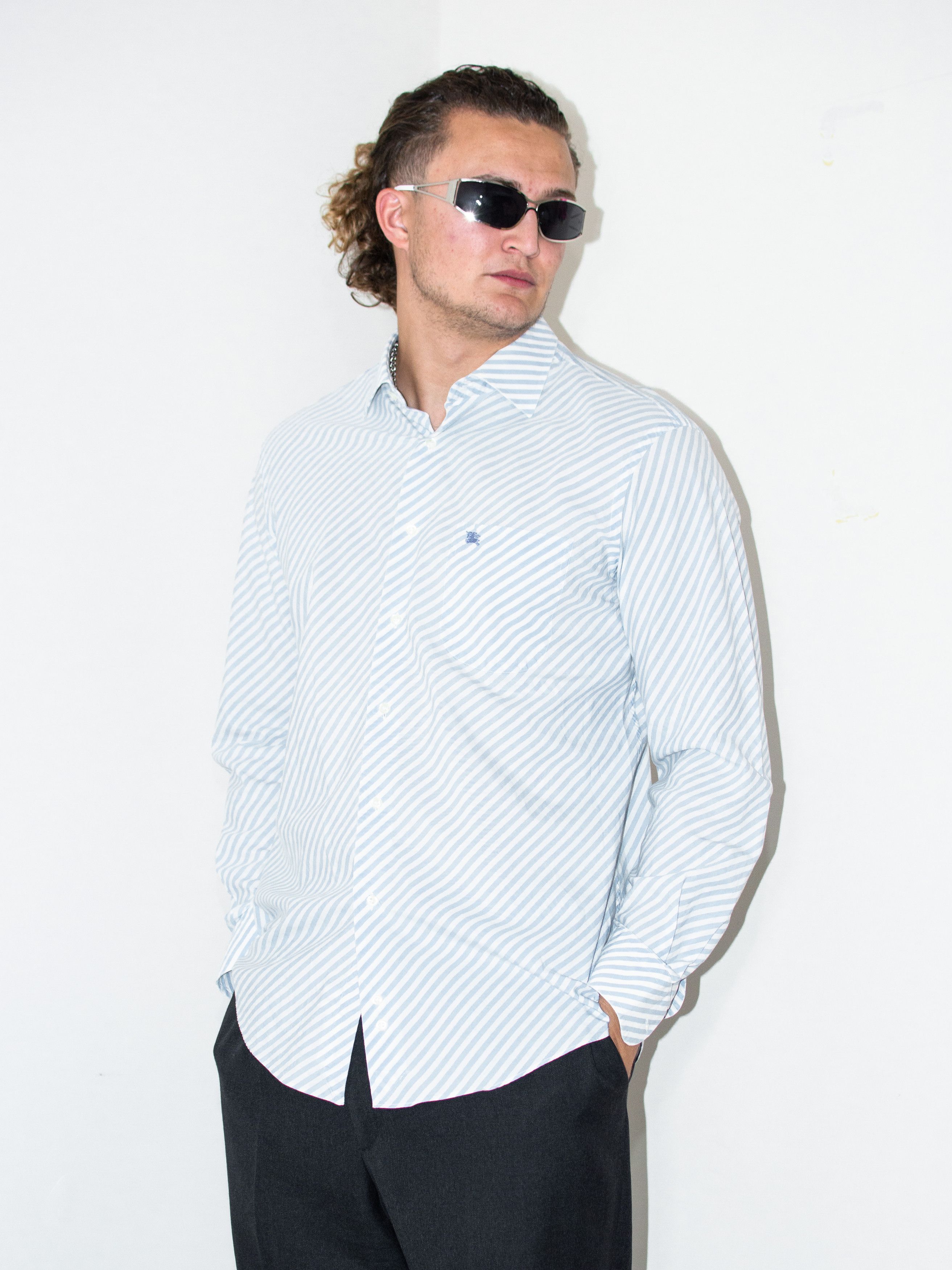 Burberry × Vintage Burberry Blue White Stripes Button Up Long Sleeves Shirt Size US XL / EU 56 / 4 - 1 Thumbnail