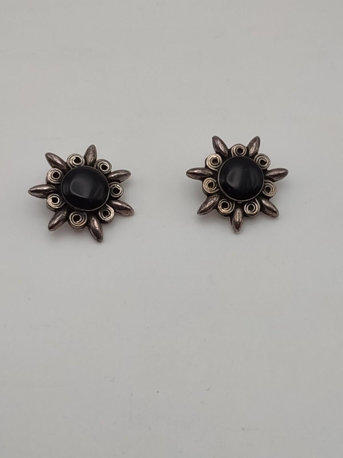 The Unbranded Brand Vintage Taxco Sterling Sunburst Earrings Black Onyx Size ONE SIZE - 2 Thumbnail