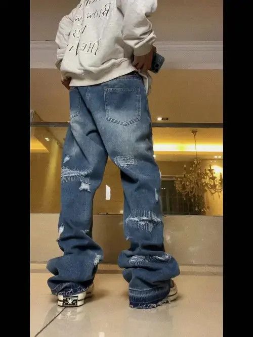Designer damaged distressed patch baggy jeans Size US 32 / EU 48 - 2 Thumbnail