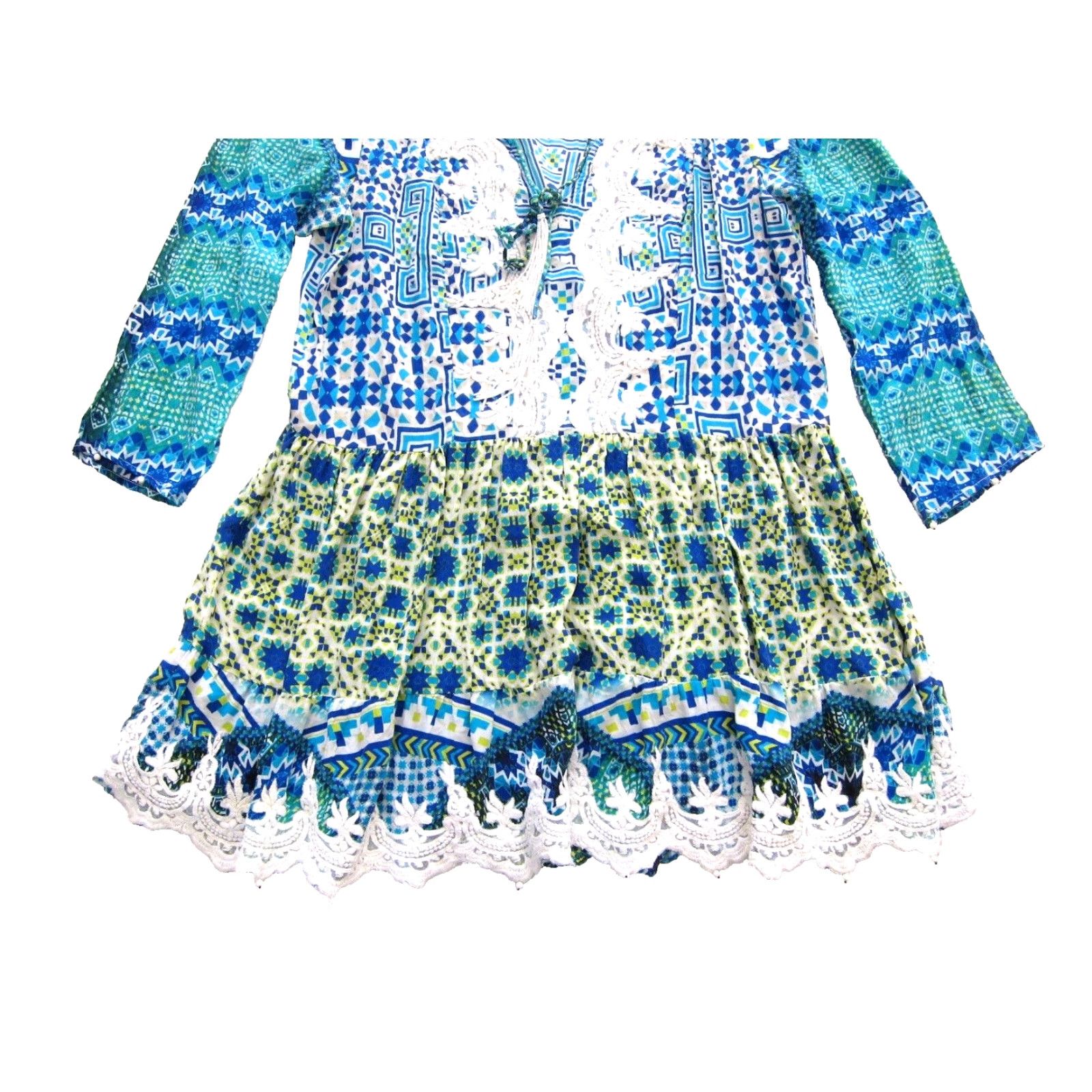 Rococo Sand VINTAGE Rococo Sand 100% Silk Blue Yellow Tassel V-Neck 3/4 Sleeve Boho Mini Dress M Size M / US 6-8 / IT 42-44 - 8 Thumbnail
