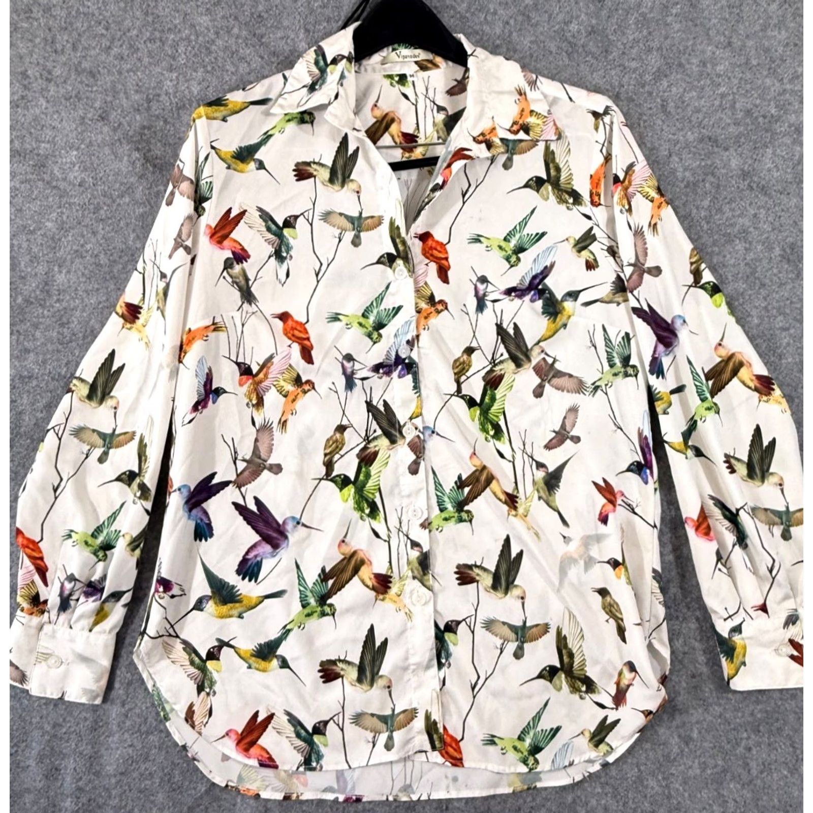 Vintage Vipavadee Shirt Womens M White AOP Hummingbird Button Up Long Sleeve USA Made Size M / US 6-8 / IT 42-44 - 2 Thumbnail