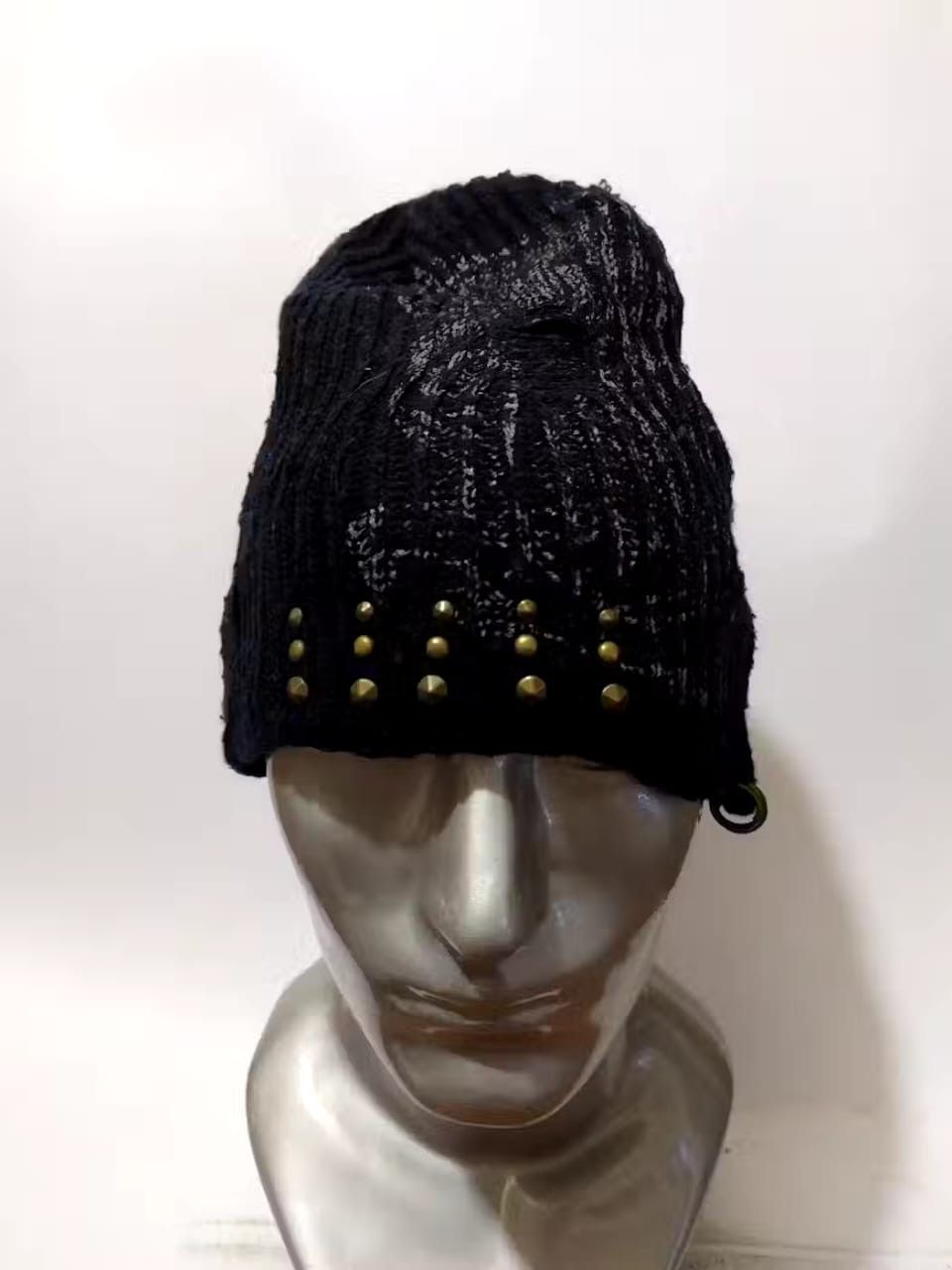 image of Avant Garde Unknown Skull Distressed Beanie Punk Bondage Studded Hats in Black, Men's