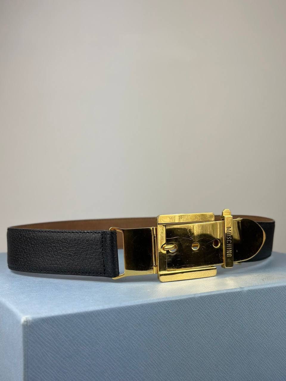 MOSCHINO by Redwall Gold Buckle Black Leather Belt