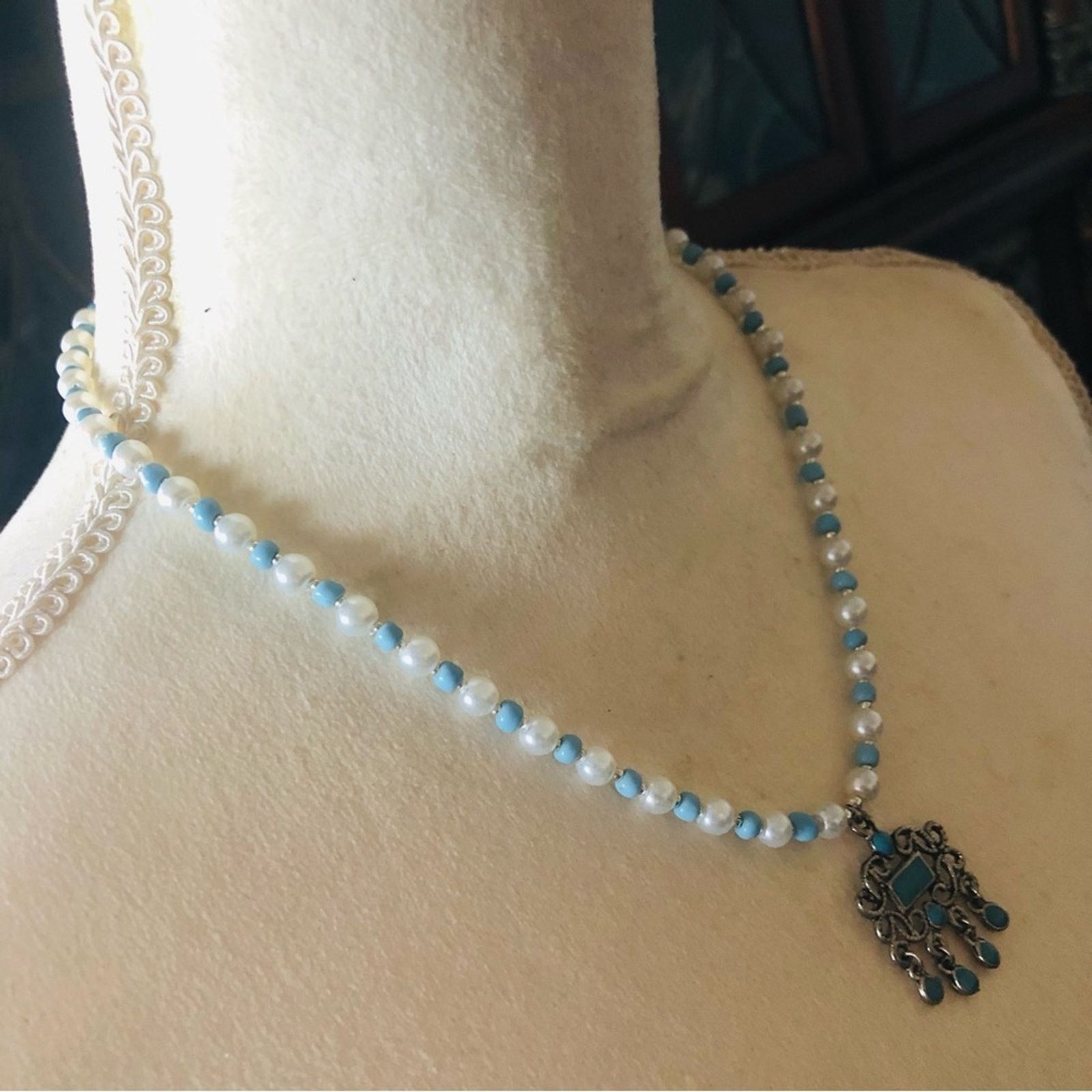 Handmade Handcrafted repurpose turquoise enamel Pearl necklace Size ONE SIZE - 3 Thumbnail
