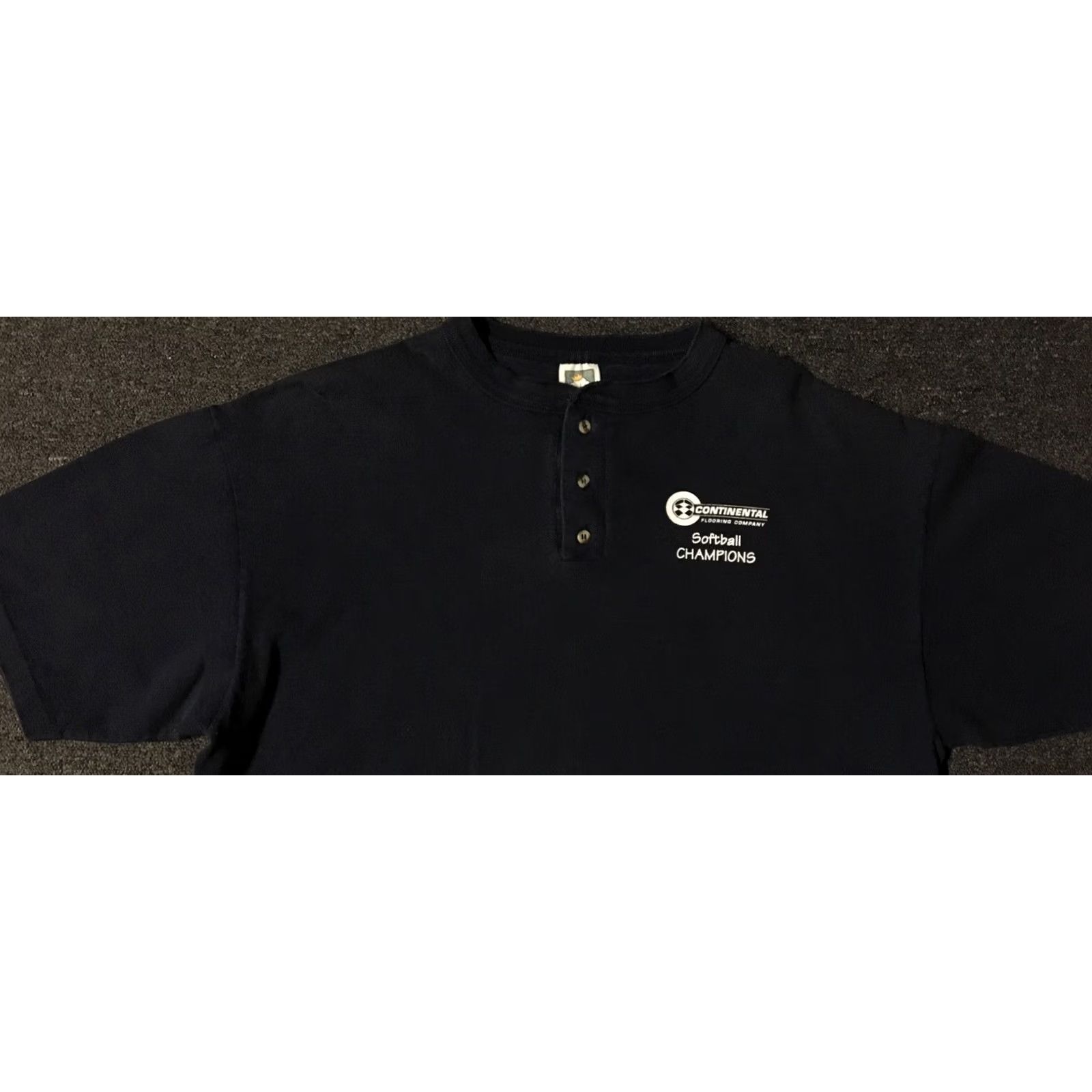Champion VINTAGE Baseball Shirt XL USA 90s Construction Softball Champions Faded Henley Shirt Navy Blue Single Stitch Mens Grunge 90s Track & Field Size US XL / EU 56 / 4 - 7 Thumbnail