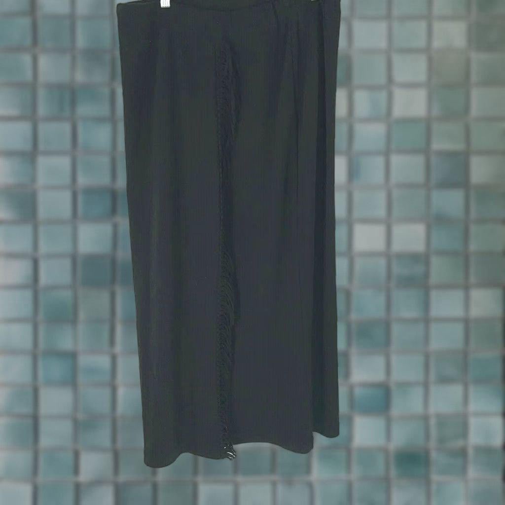 Vintage Black Midi Skirt Womens A-Line Elastic Waist Pull On Casual Size L Fringe Size 36" / US 14 / IT 50 - 1 Thumbnail