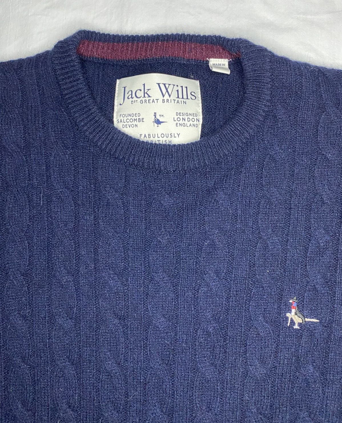 Jack Wills JACK WILLS Navy Round Neck 100% Merino Wool Cable Knit Logo Size US L / EU 52-54 / 3 - 1 Thumbnail