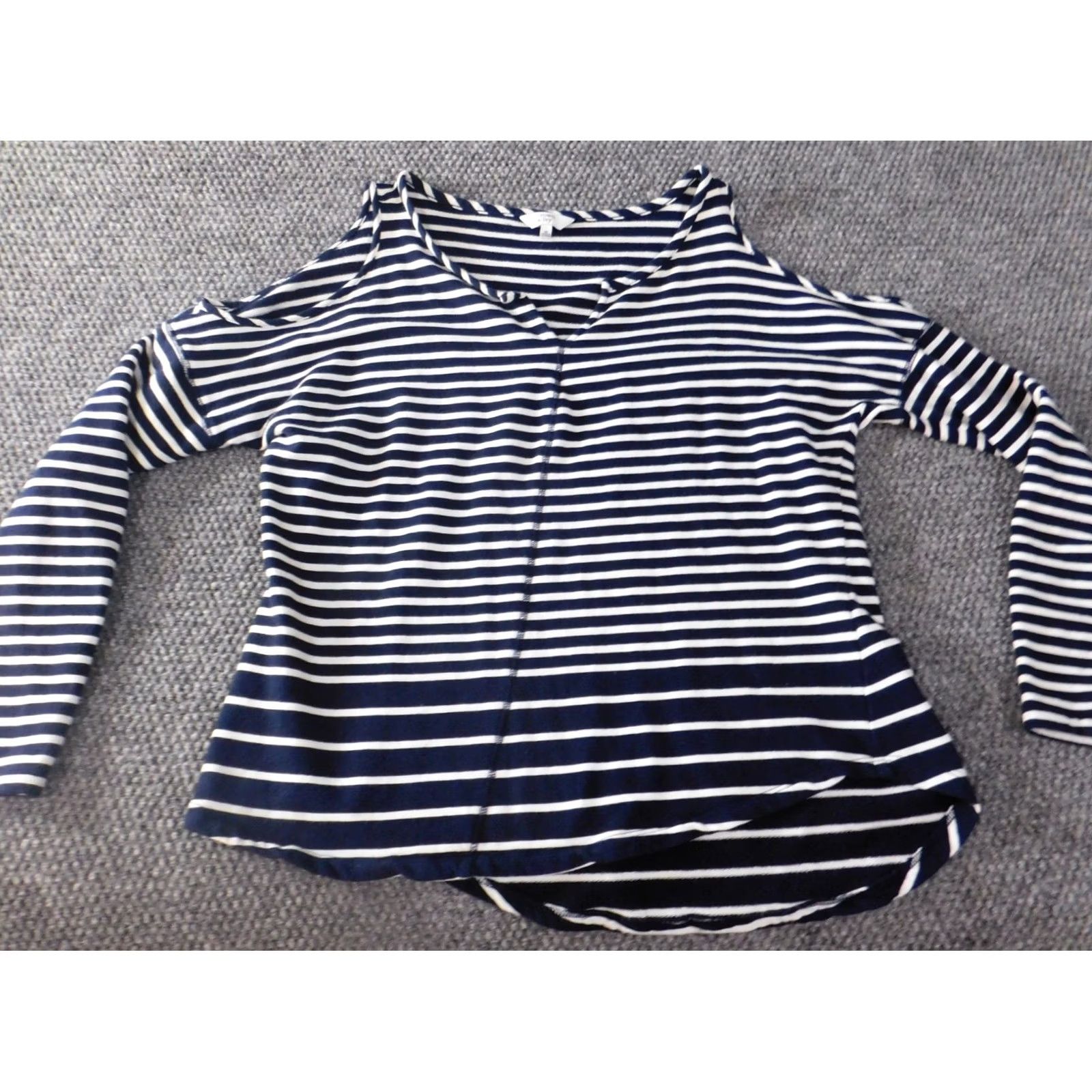 Vintage Crown & Ivy Blouse Womens M Blue Striped Off the Shoulder Pullover Lightweight Stretch Casual Regular Long Sleeve Shirt Size M / US 6-8 / IT 42-44 - 2 Thumbnail