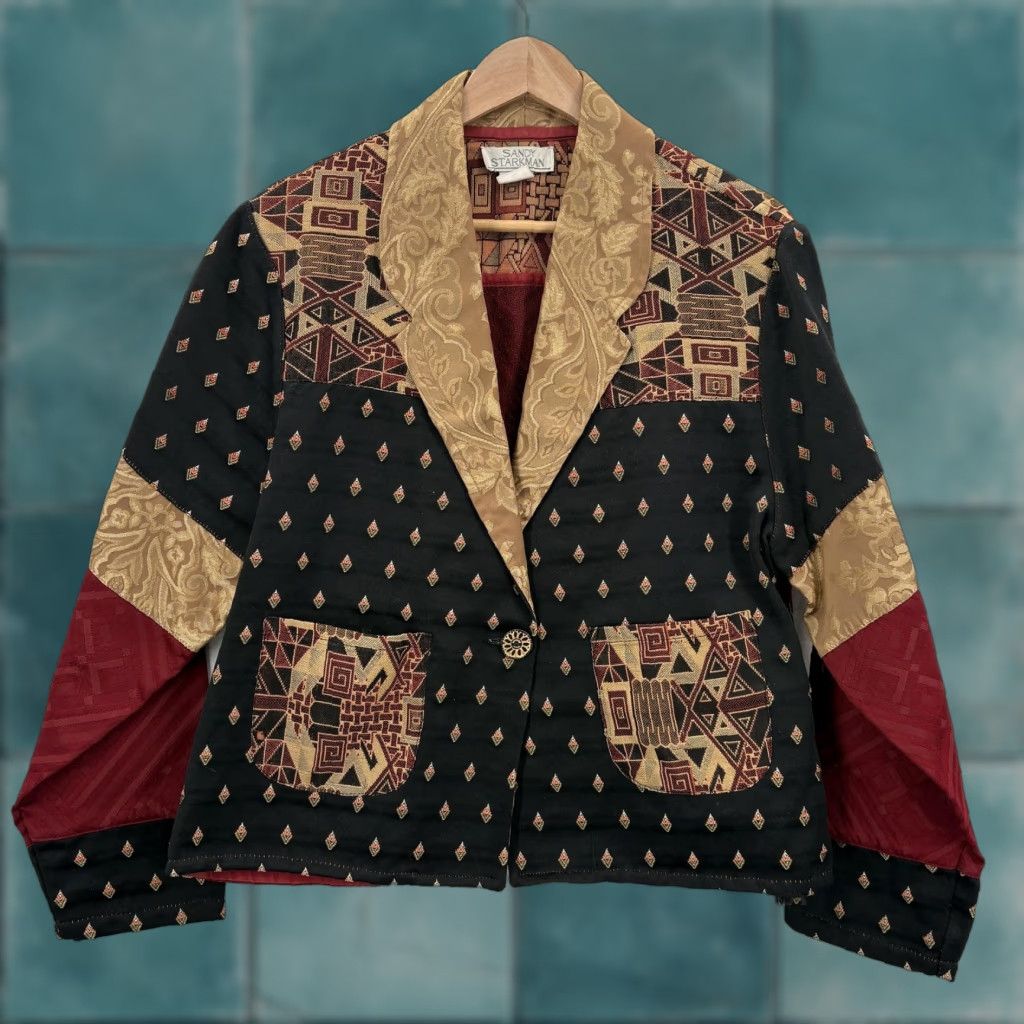 VINTAGE Sandy Starkman Jacket Womens XL Black Red Gold Patchwork Art Wear 90s