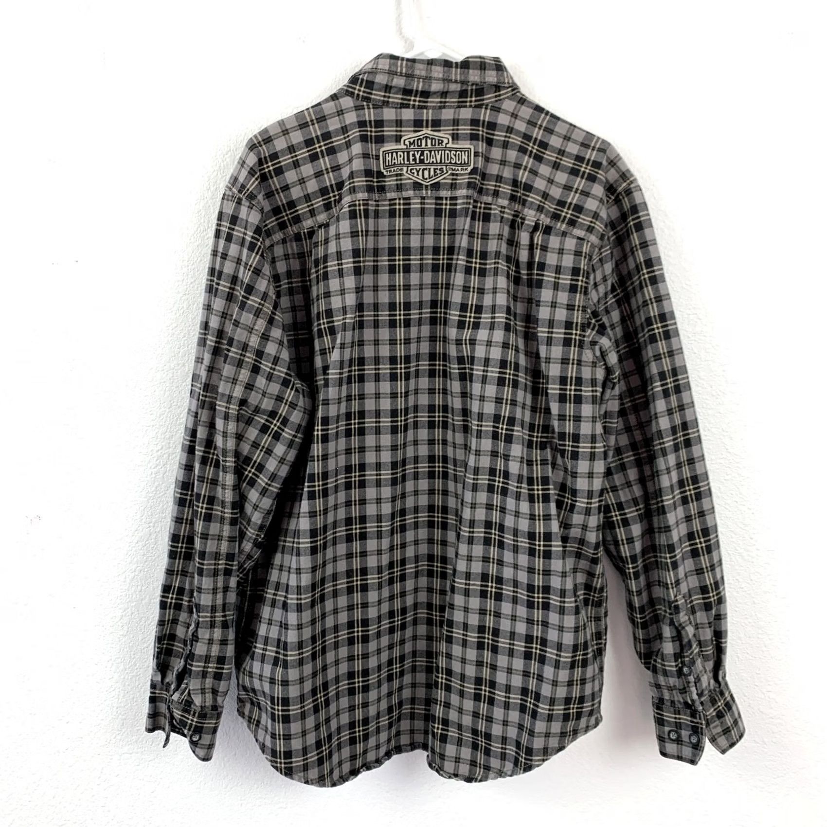 Harley Davidson Harley-Davidson Men's L Plaid Flannel Button Down Shirt Gray Black Felt Spellout Shirt Size US L / EU 52-54 / 3 - 8 Thumbnail