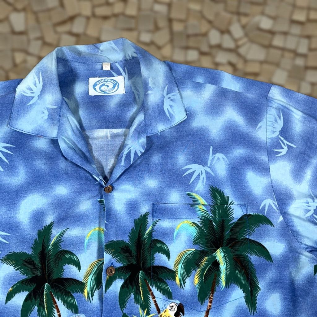 ALOHAS VINTAGE Go Hawaii Hawaiian Shirt Adult XL Blue Parrot Aloha Beach Surf 80s Shirt Size US L / EU 52-54 / 3 - 1 Thumbnail