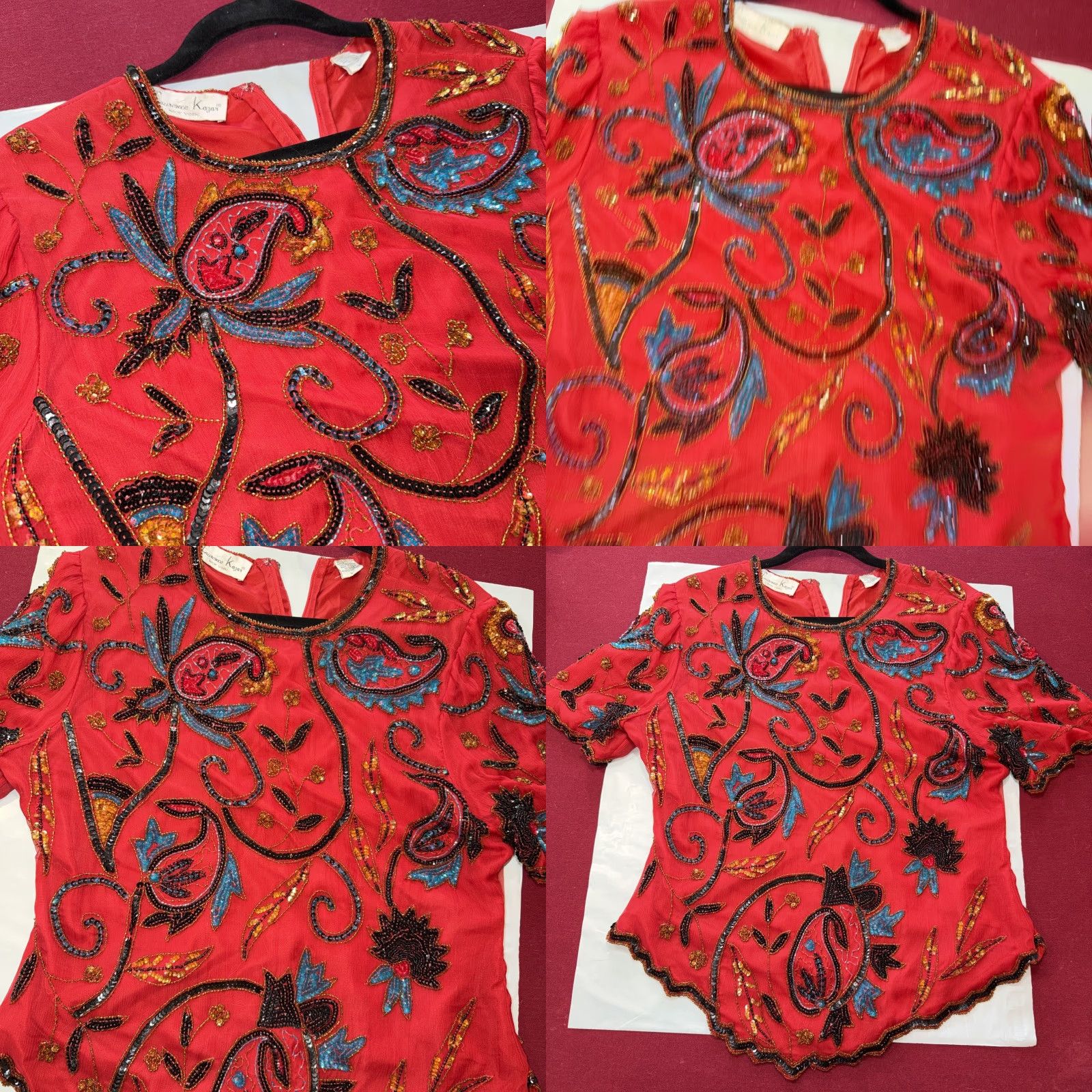 Vintage VINTAGE Laurence Kazar RED Silk black Blue Sequin Beaded Top Women L Floral S/S Formal Top Size L / US 10 / IT 46 - 8 Thumbnail