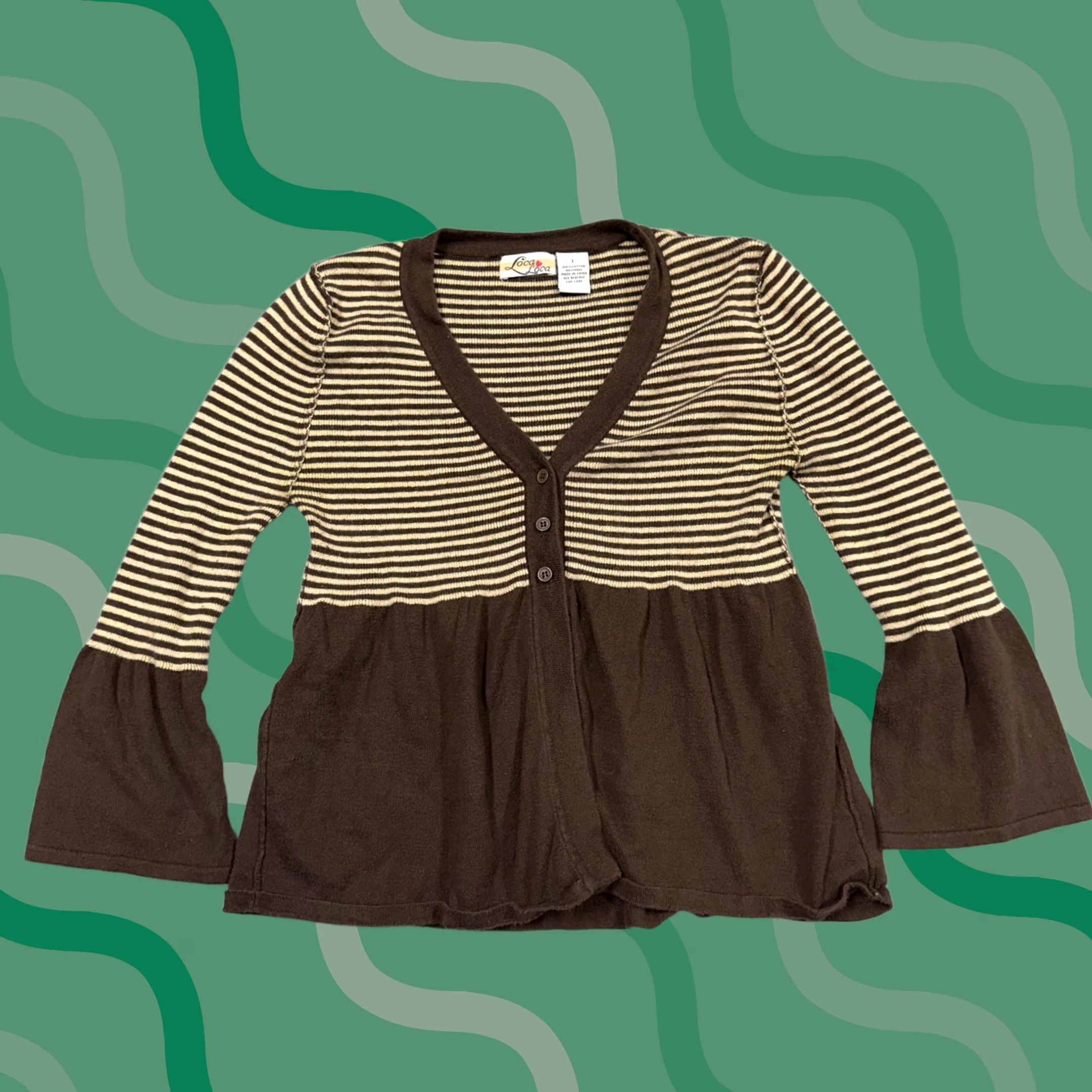 Vintage Loca Loca Sweater Cardigan Womens Large Brown Striped 100% Cotton V Neck Knit Bell Sleeve Casual Vintage: No Size L / US 10 / IT 46 - 1 Thumbnail