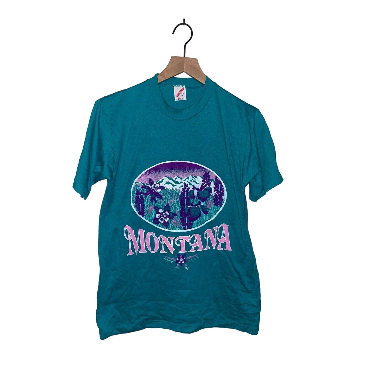 Jerzees 1980s Vintage Jerzees Montana Wildflower Teal Shirt 80s M Size US M / EU 48-50 / 2 - 1 Thumbnail