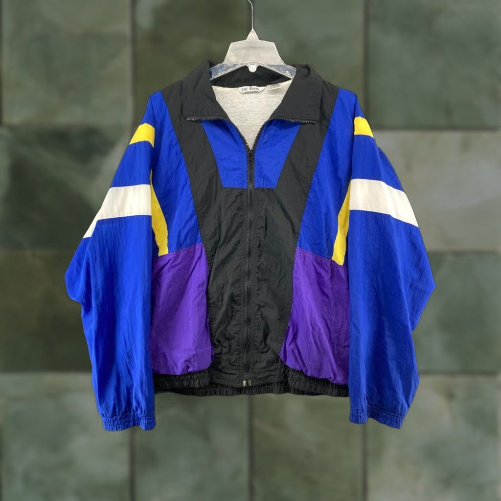 VINTAGE Bill Blass Jacket Mens M Windbreaker 90s Purple Geometric Nylon Zip Mid-Length 80s 90s Mens