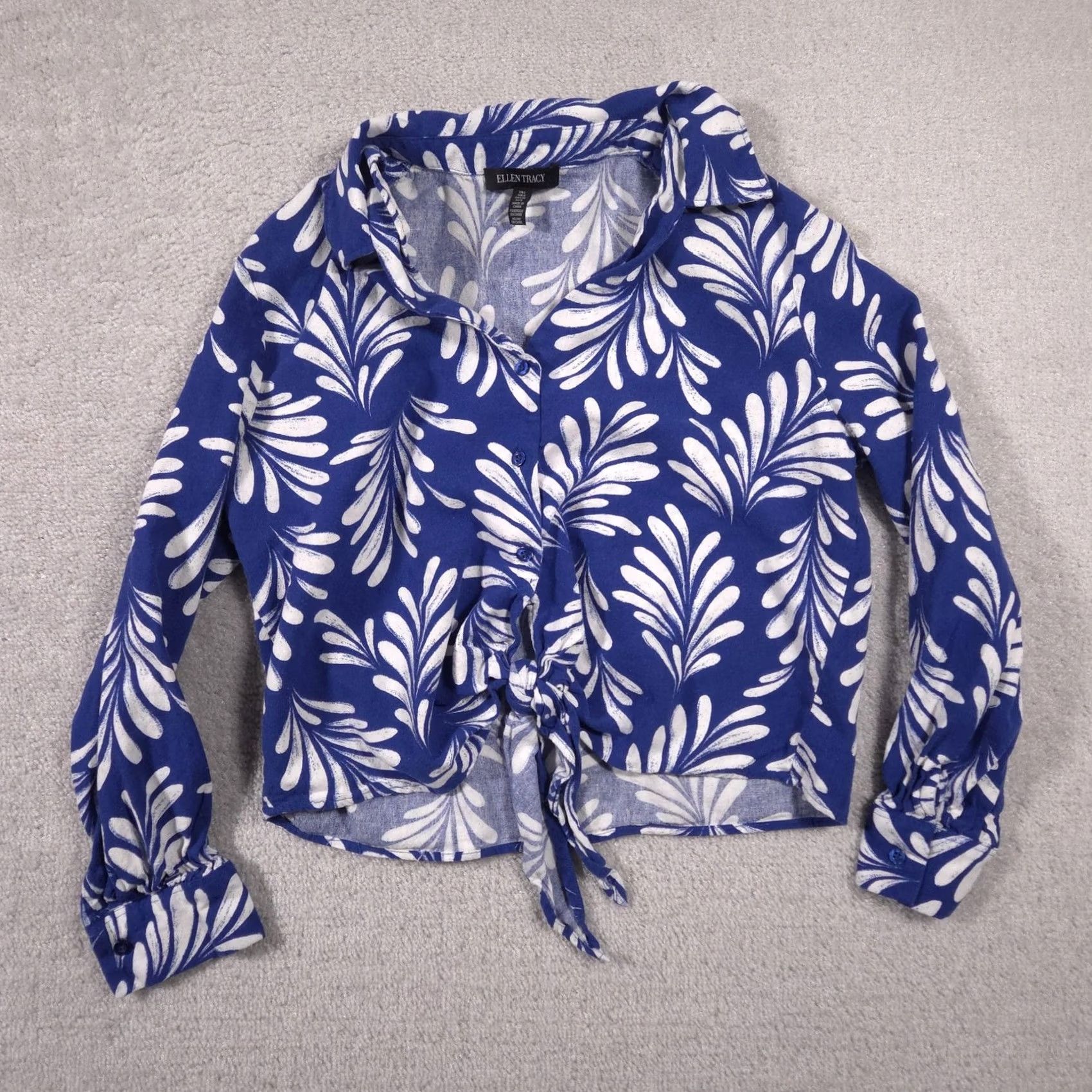 Ellen Tracy Ellen Tracy Blouse Womens Large Blue White Leaf Print Tie Front Linen Top Size L / US 10 / IT 46 - 2 Thumbnail