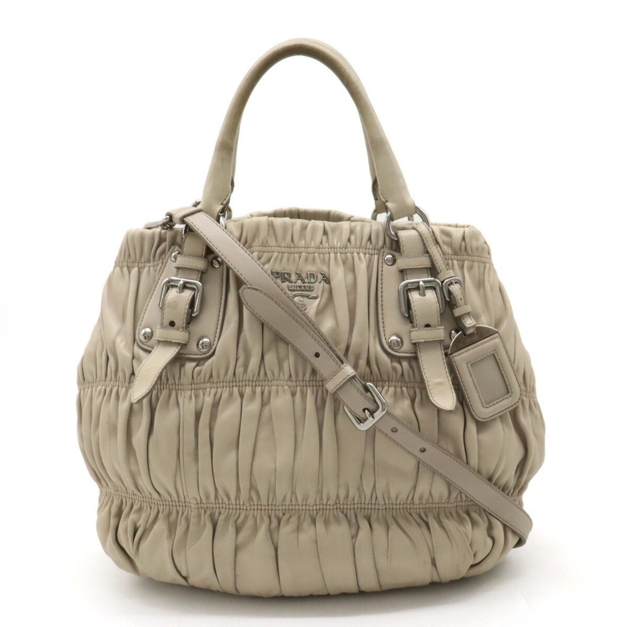 image of Prada Nappa Gaufre Gathered Tote Bag Handbag Shoulder Leather Sand Beige Bn1789 in White, Women's