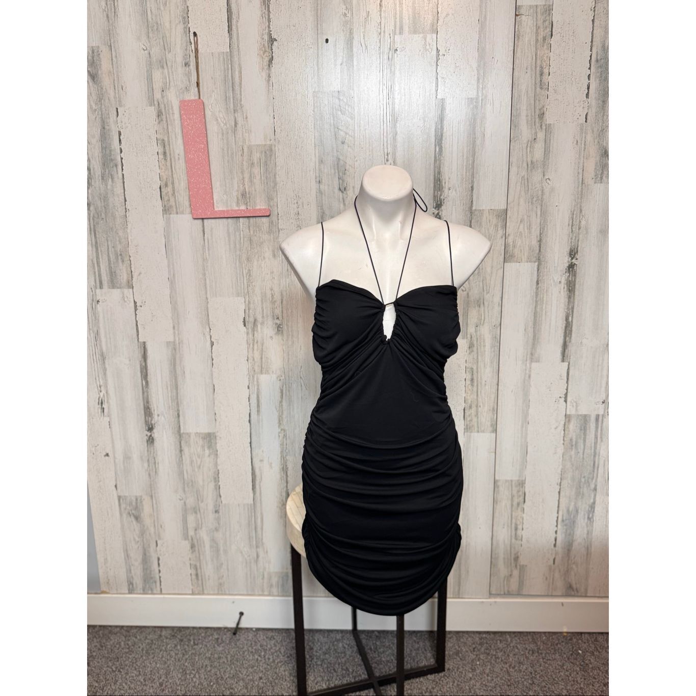 Other Black Ruched Bodycon Mini Dress Halter Neck Tie Back Stretch Size L / US 10 / IT 46 - 1 Thumbnail