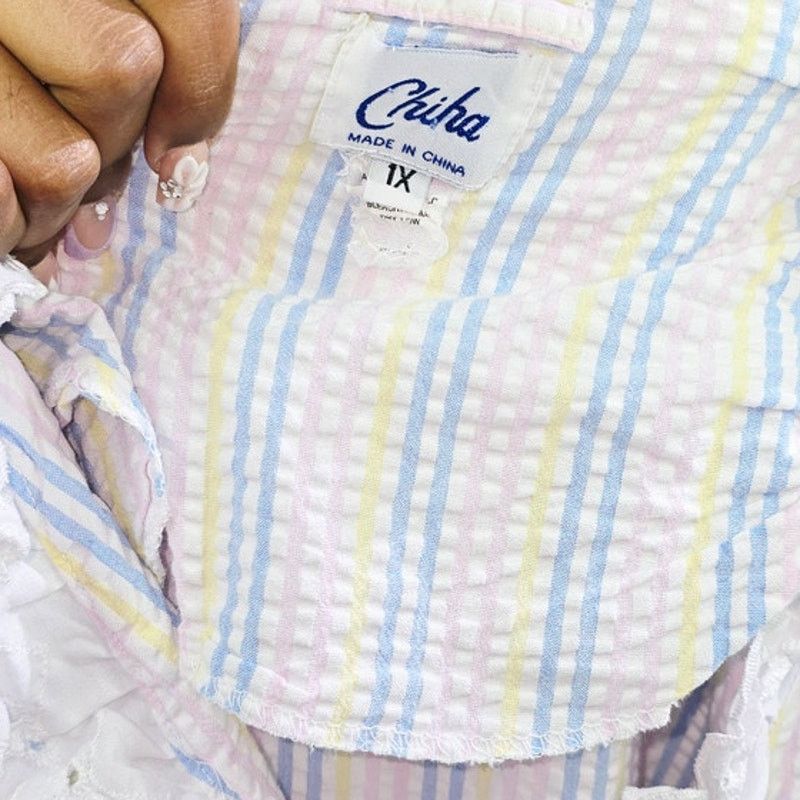 Vintage Chiha Vintage Cotton Striped Robe with Eyelet Trim - Size 1X Size XXL / US 16-18 / IT 52-54 - 4 Thumbnail