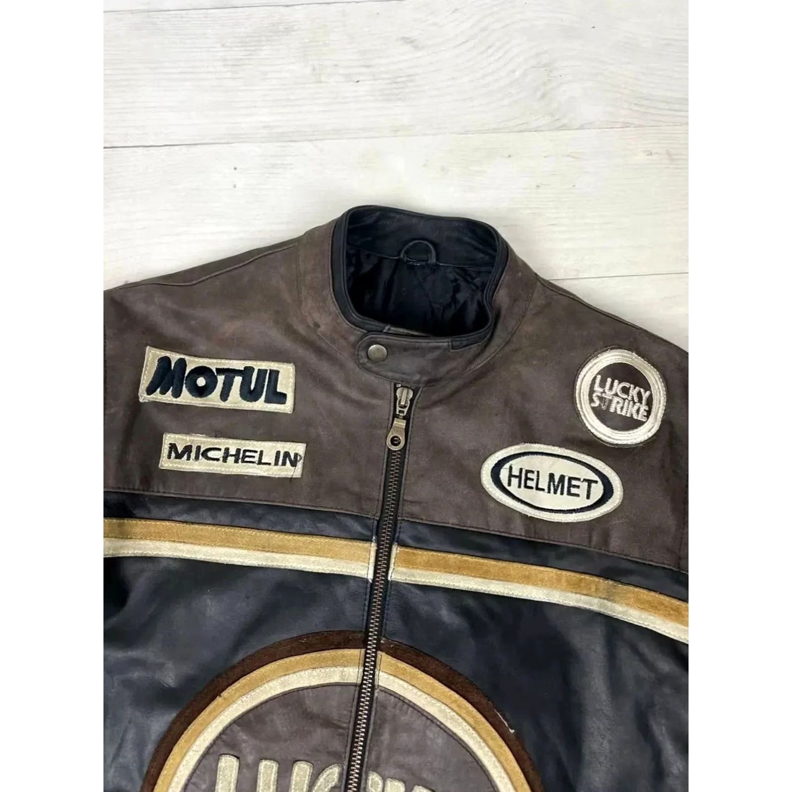 Lucky Brand VINTAGE Lucky Strike 90s Racing Leather Jacket Men XL Black Brown Motorcycle Racing F1 90s Size US XL / EU 56 / 4 - 3 Thumbnail