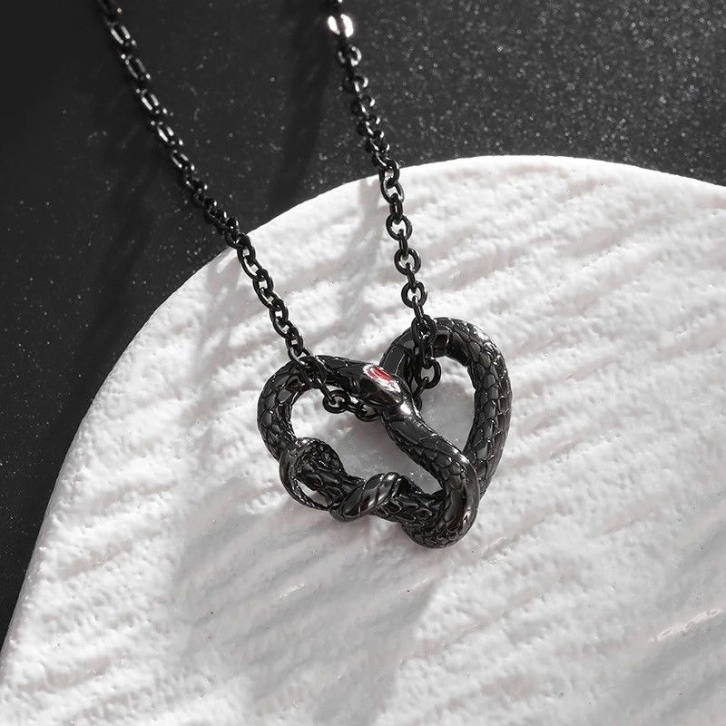 Jewelry Black Heart Shaped Ouroboros Pendant Necklace Size ONE SIZE - 4 Thumbnail