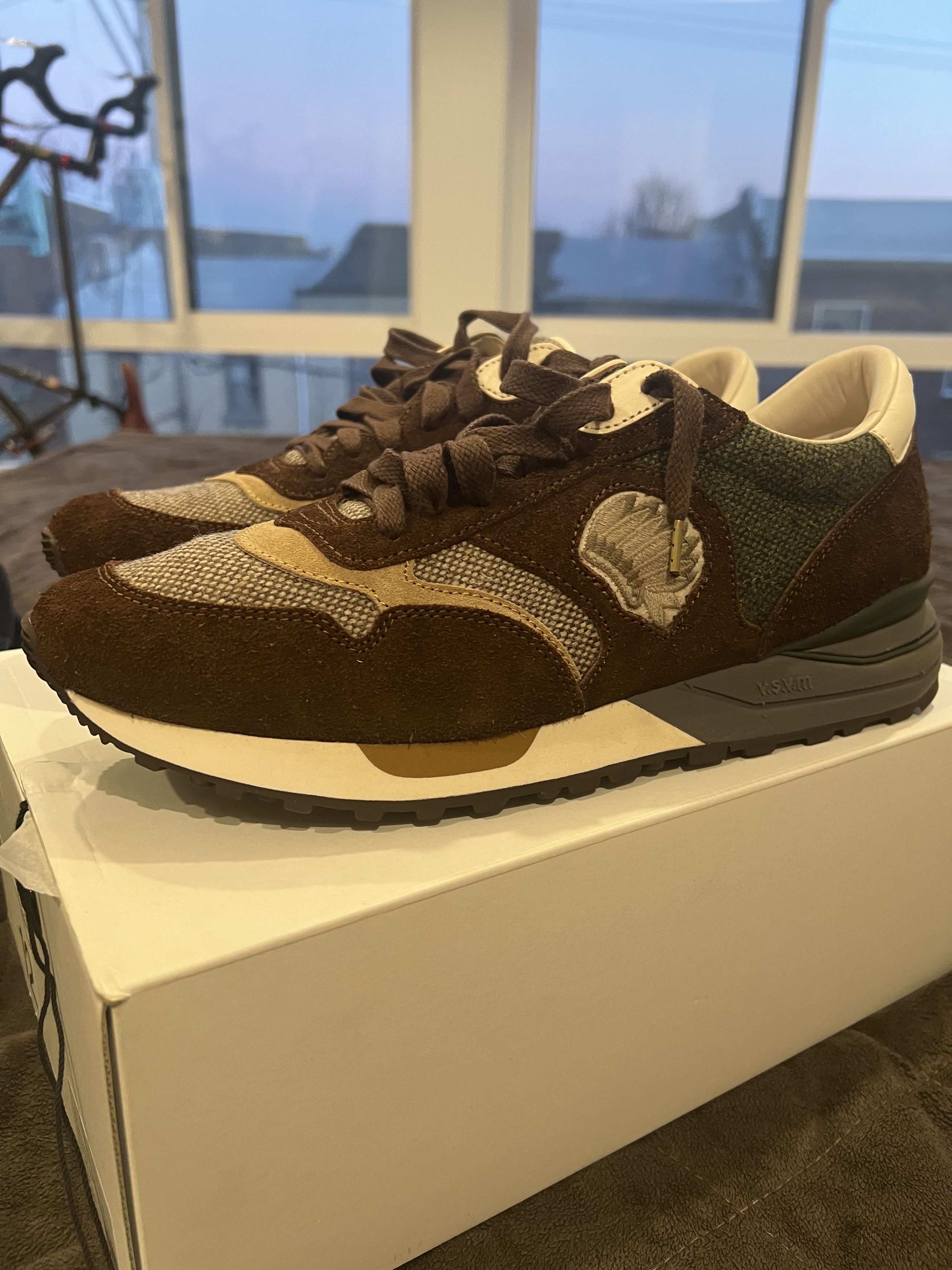 image of Visvim Roland Jogger (Veg Suede) Size Us12 12 11 Dk Brown Shoes in Dark Brown Green Tan Tweed Charc
