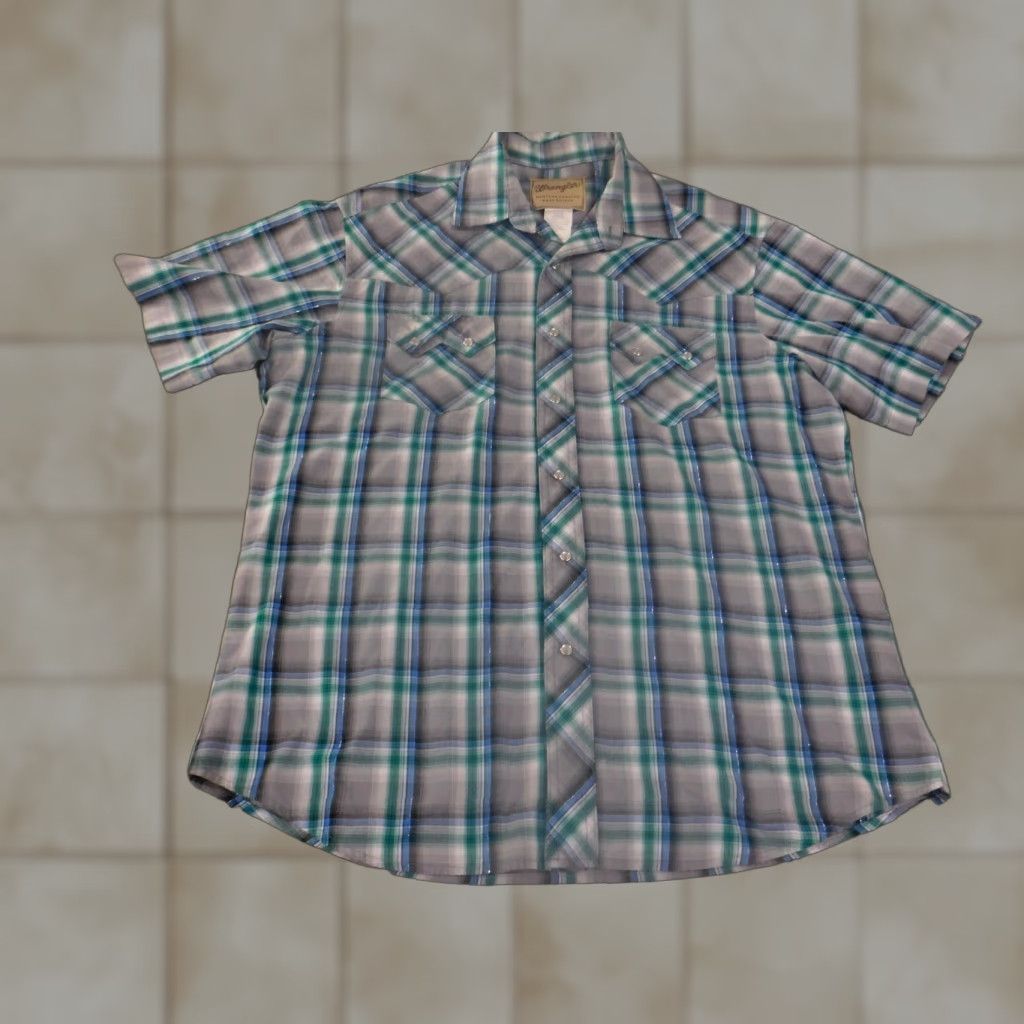 Wrangler Wrangler Shirt Mens Western Gray Plaid Pearl Snap Cowboy Button-Up Short Sleeve Cotton Knit Regular L Size US L / EU 52-54 / 3 - 1 Thumbnail