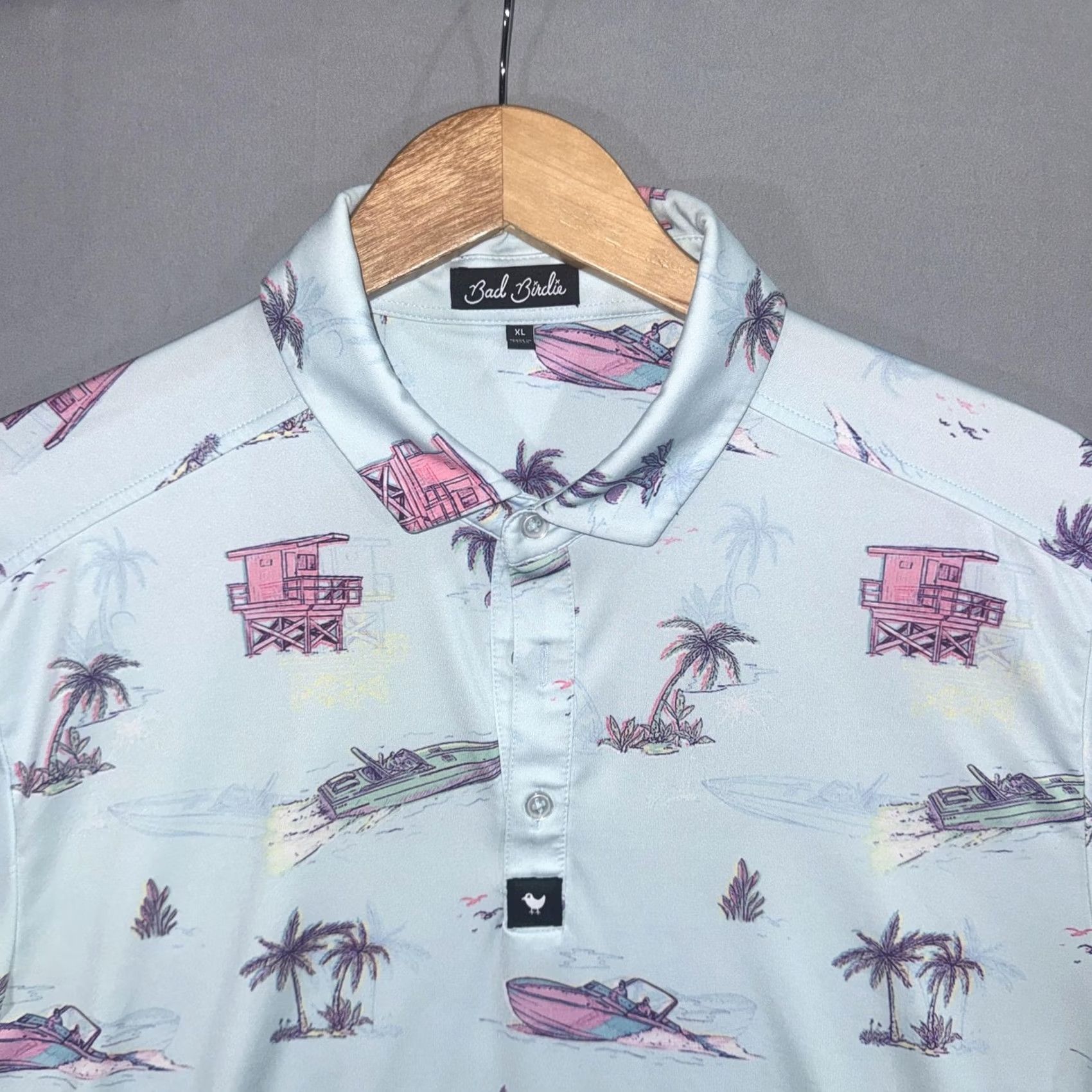 Vintage Bad Birdie Polo Shirt Mens XL Blue Tropical Boat Palm Print Golf Firestone CC Shirt XS? Size US XL / EU 56 / 4 - 3 Thumbnail