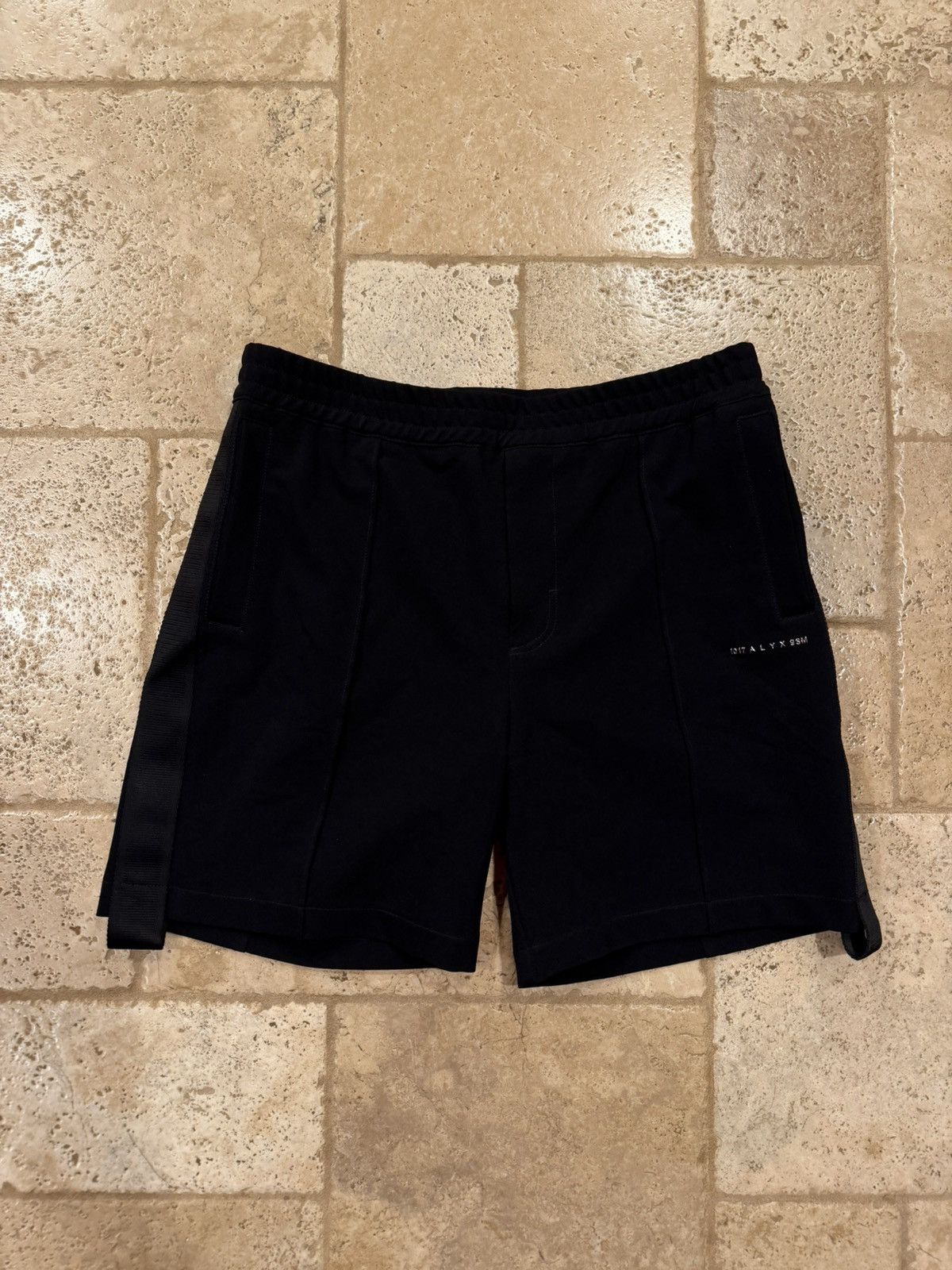 1017 ALYX 9SM 1017 Alyx 9SM Black Tuxedo Stripe Silver Logo Shorts Size US 34 / EU 50 - 1 Thumbnail