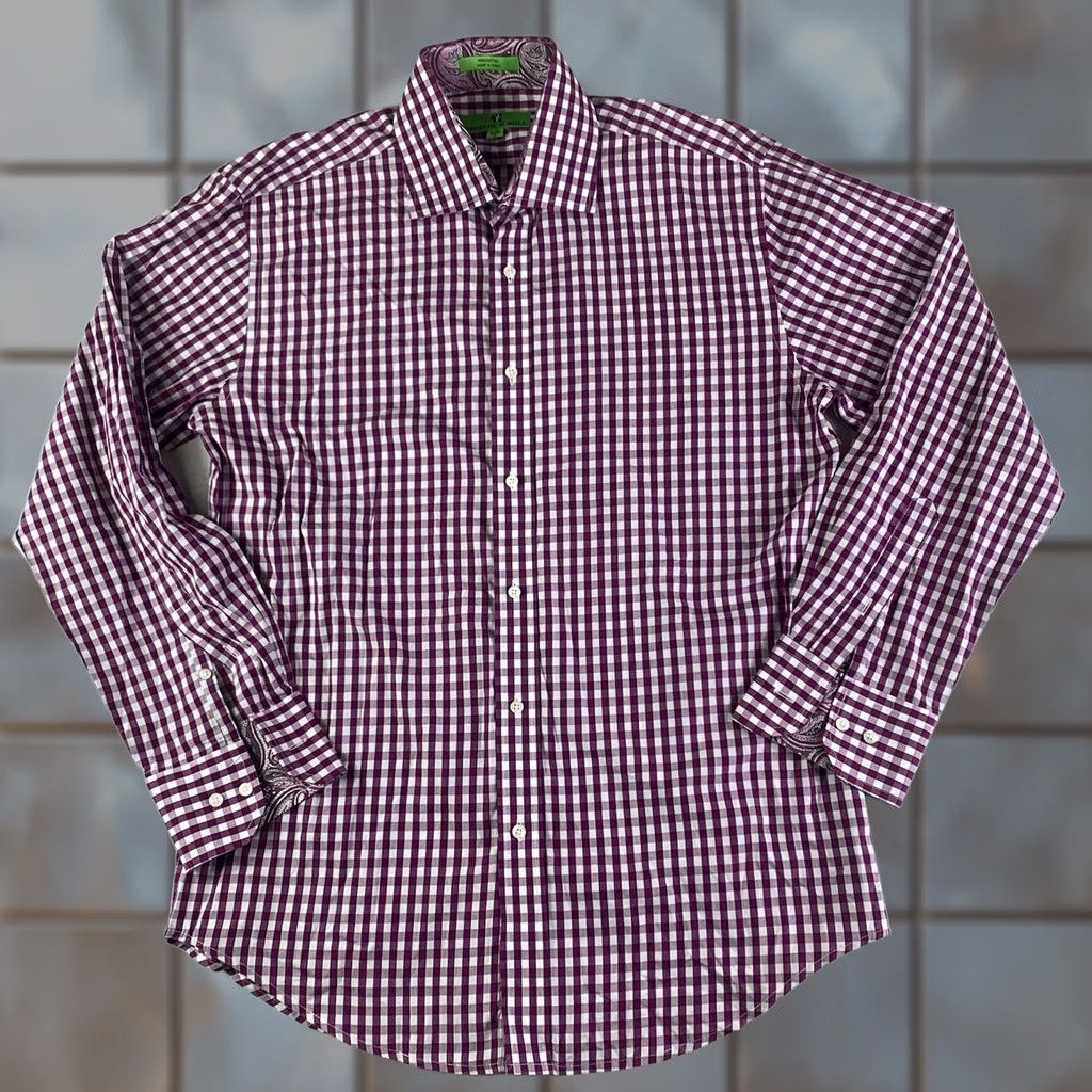 Vintage Bristol & Bull Dress Shirt Mens Medium Burgundy Red Check Button Up Long Sleeve Size 40R - 1 Thumbnail