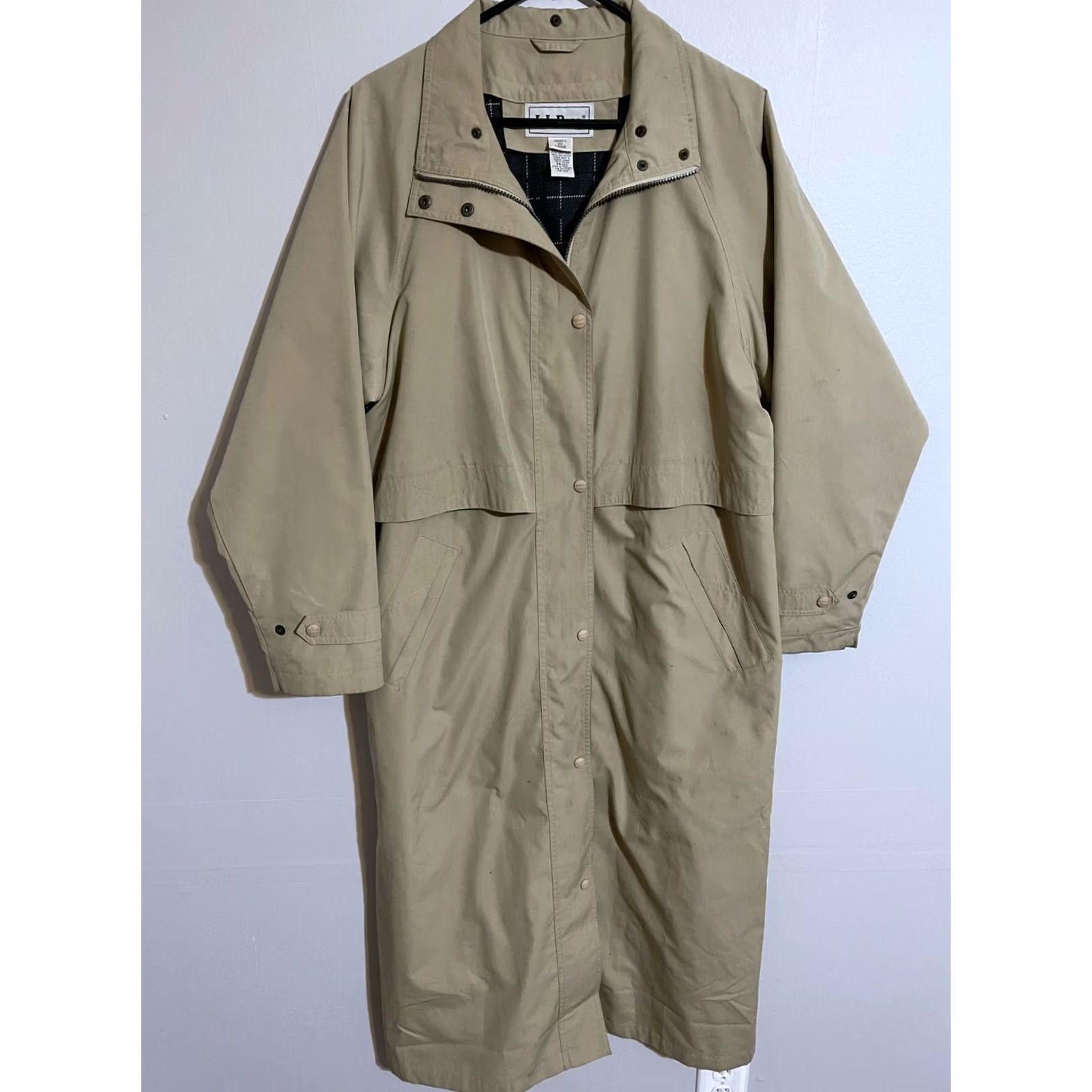 Vintage L.L. Bean Women's Large L Beige Rain Trench Jacket Coat Button Zip Full Length Wool Liner Casual Solid Polyester Knit Fall Spring Winter Size L / US 10 / IT 46 - 2 Thumbnail