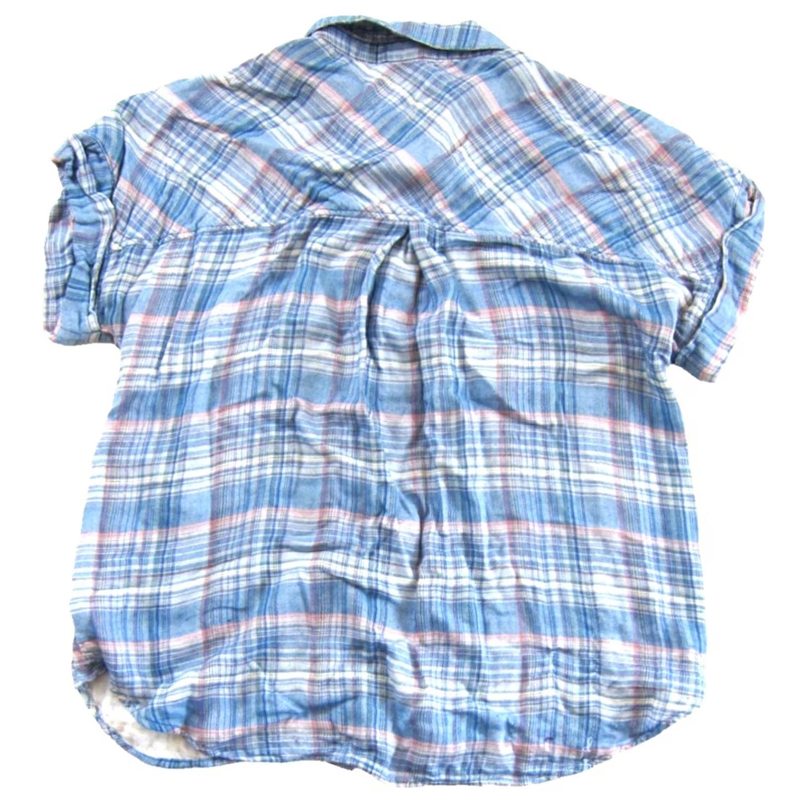 CLOT Cloth & Stone Blue Plaid Rayon Short Sleeve Collared Blouse Large Size L / US 10 / IT 46 - 2 Thumbnail