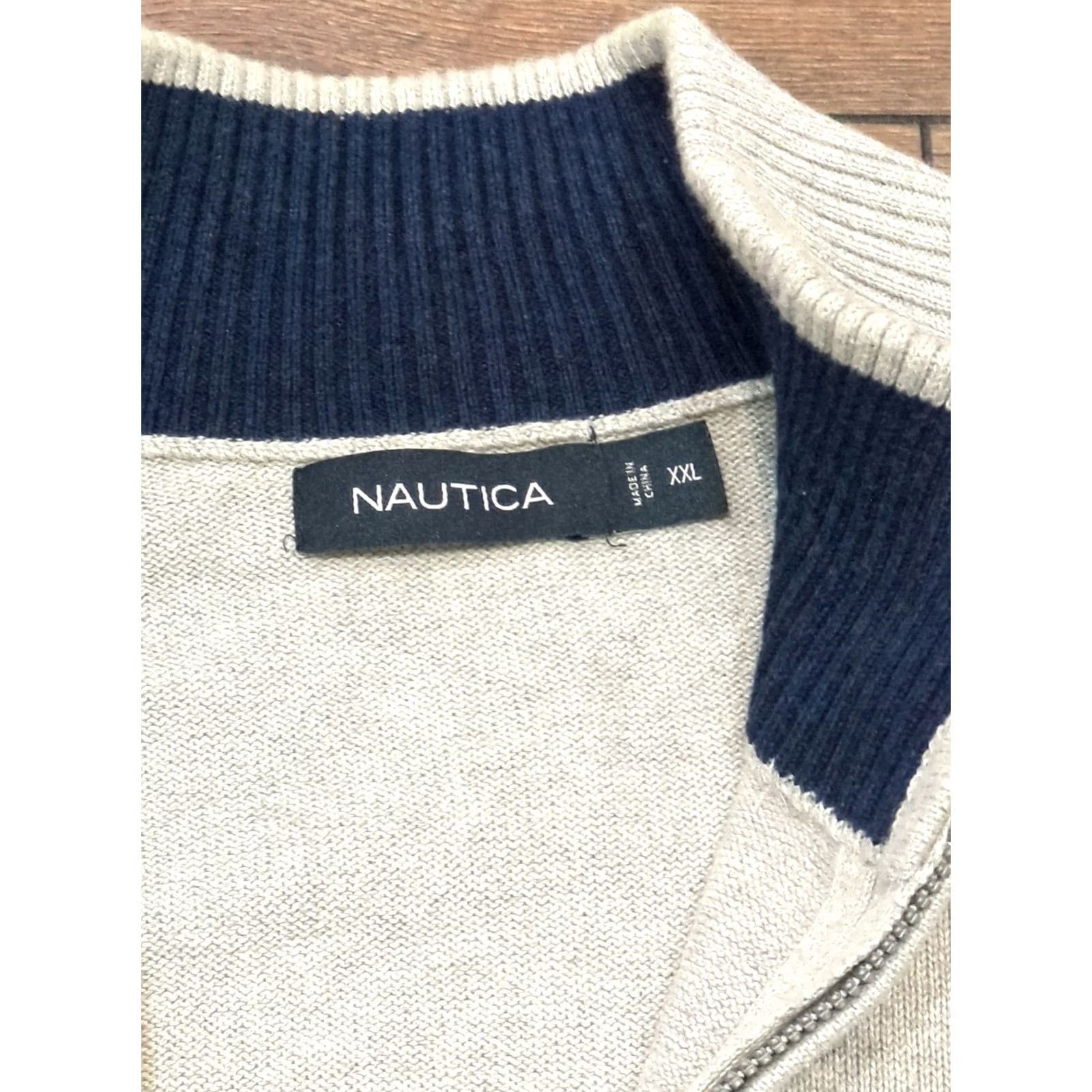 Nautica NAUTICA Sweater Pullover 1/4-Zip 2XL Mock Neck Long Sleeve Cotton Gray Mens Vintage Classic Logo Knit Winter White (Big & Tall) Size US XXL / EU 58 / 5 - 3 Thumbnail
