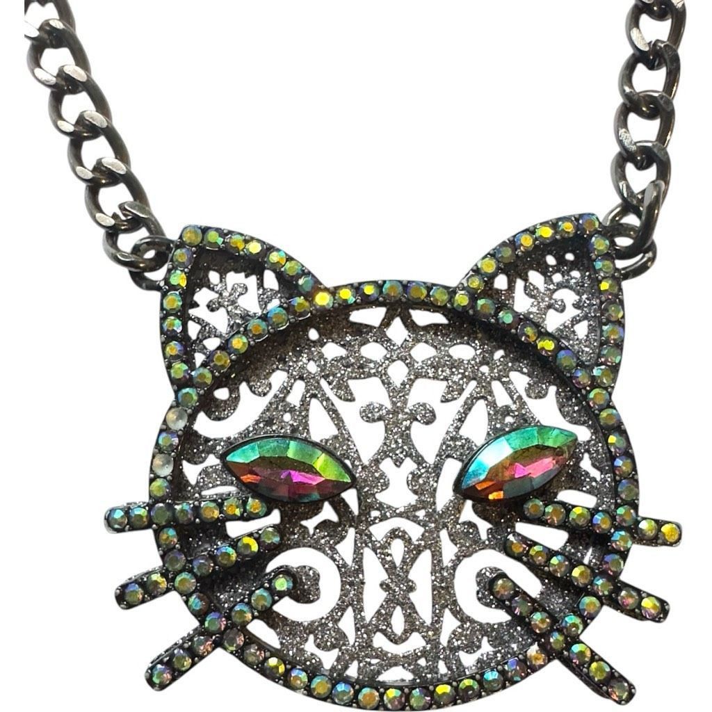 Betsey Johnson BETSY JOHNSON Jewelry Dark Magic Green Blue Eye Black Cat Rhinestone Glitter Sparkly Necklace Size ONE SIZE - 3 Thumbnail