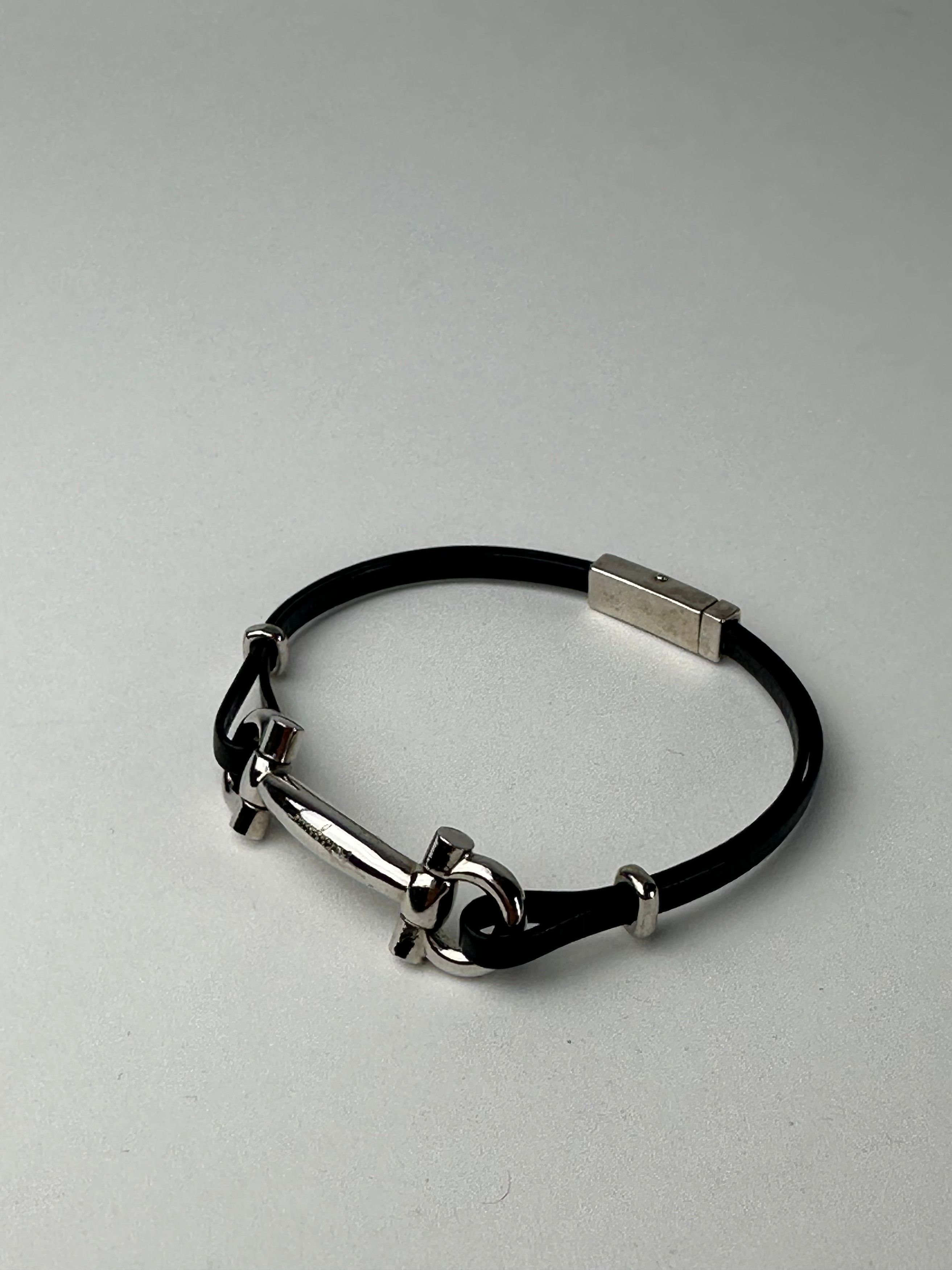 Salvatore Ferragamo Vintage Leather Steel Bracelet Black Silver Size ONE SIZE - 1 Thumbnail