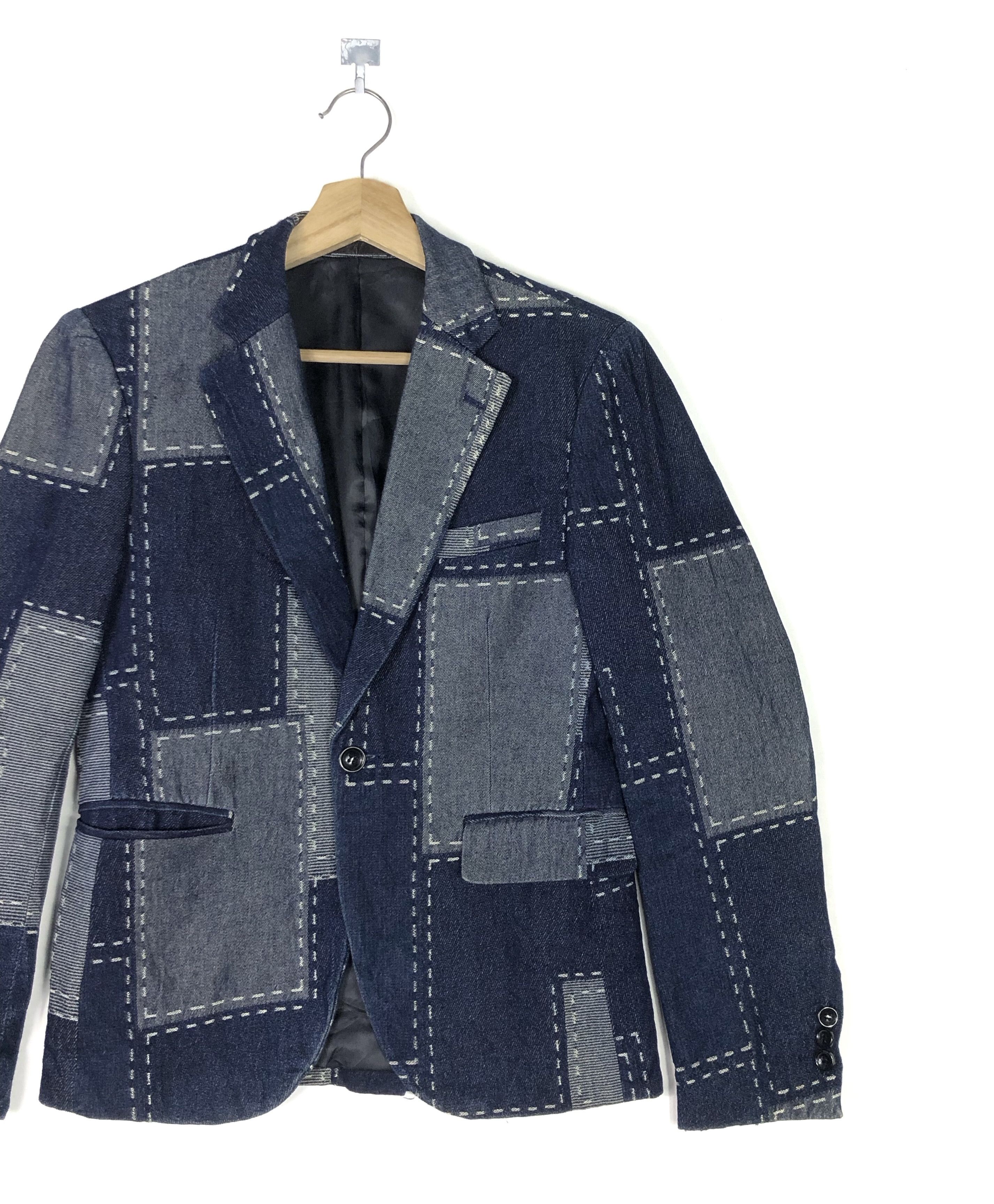 Designer × Indigo × Japanese Brand 5-POCKETS UNISEX COTTON DENIM PATCHWORK PRINT BLAZER COAT Size US XS / EU 42 / 0 - 5 Thumbnail