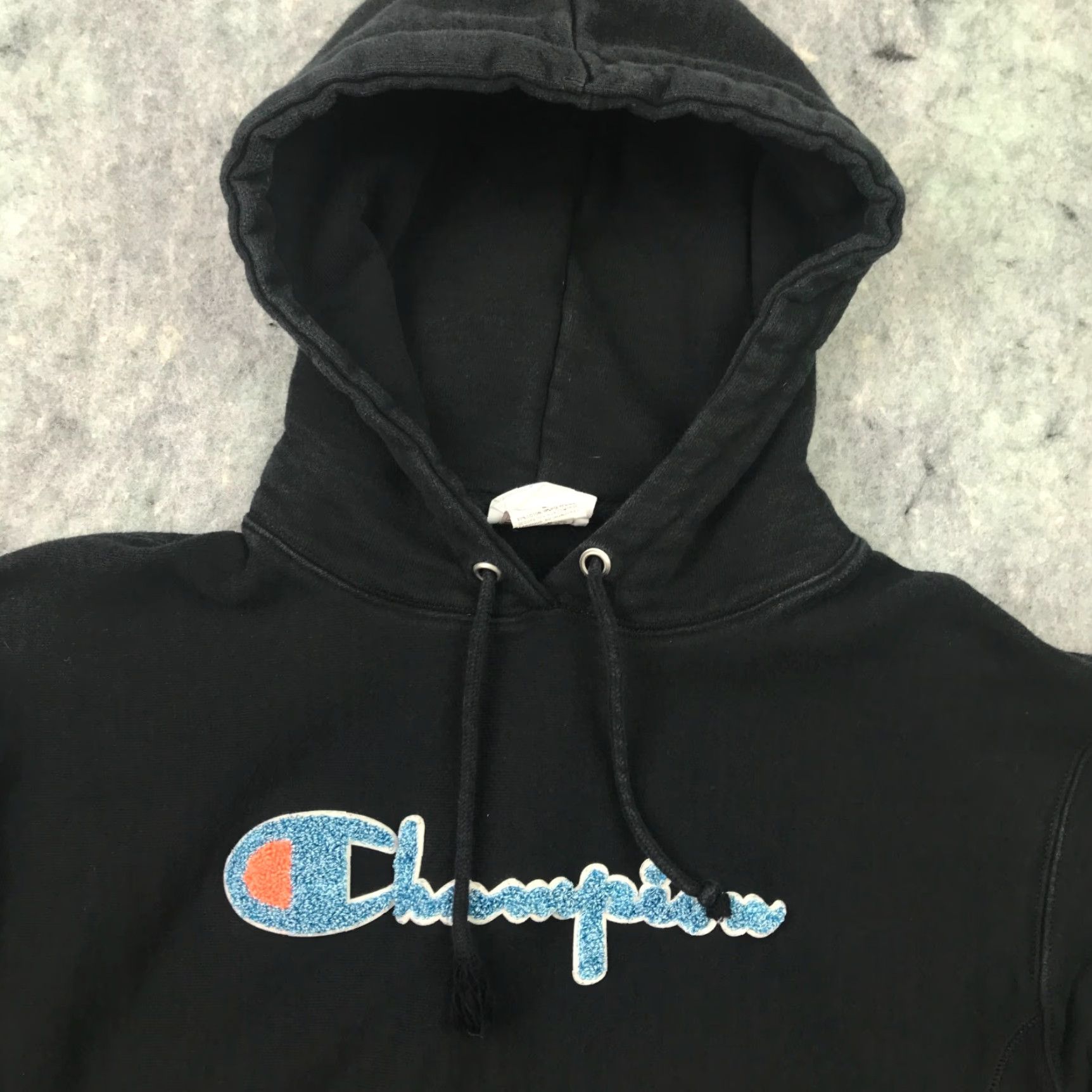 Champion Champion Hoodie Womens Medium Black Reverse Weave Embroidered Patch Scrypt Sweatshirt Pullover Front Event 90s Mens Girls Size M / US 6-8 / IT 42-44 - 3 Thumbnail