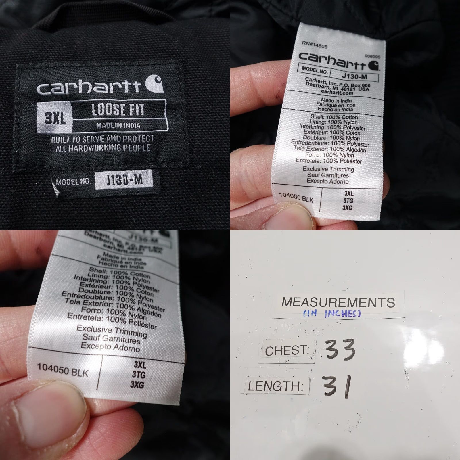 Carhartt Carhartt Jacket Mens 3XL Black J130 Loose Fit Hooded Quilted Lined Workwear Size US XXL / EU 58 / 5 - 8 Thumbnail