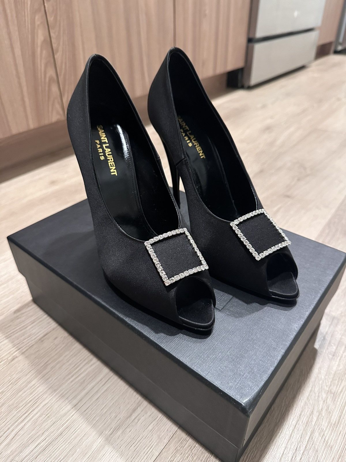 Saint Laurent Paris Franky Crystal Buckle Peep Toe Pump Size US 10.5 / IT 40.5 - 2 Thumbnail